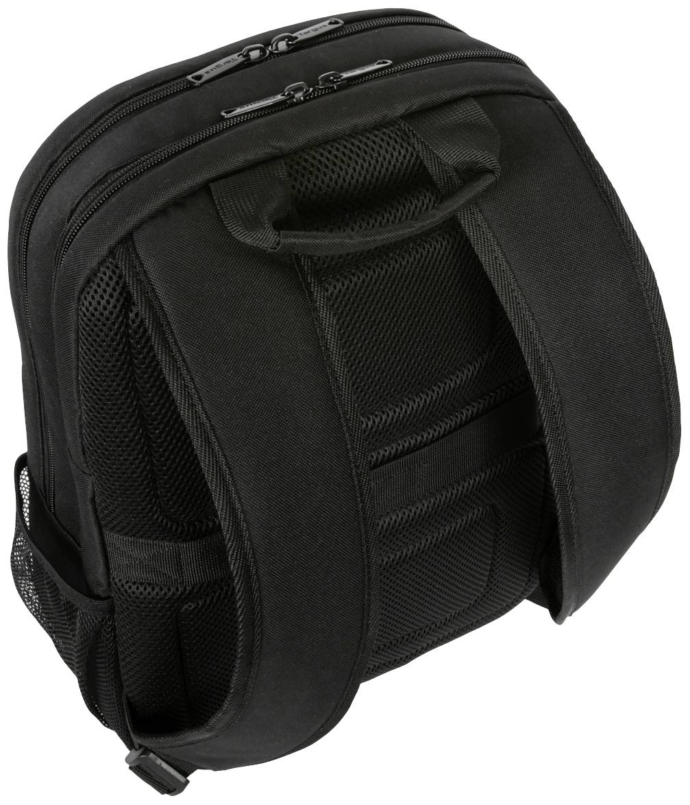 Sac à dos noir avec bretelles rembourrées et poignée de transport, vue de dessus.