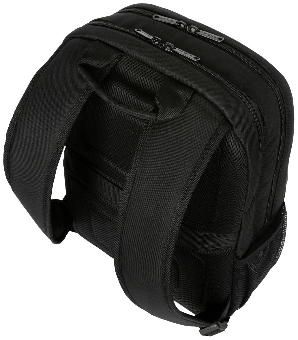 Un sac à dos noir vu de dos, avec deux sangles d'épaule rembourrées et plusieurs fermetures éclair visibles en haut.