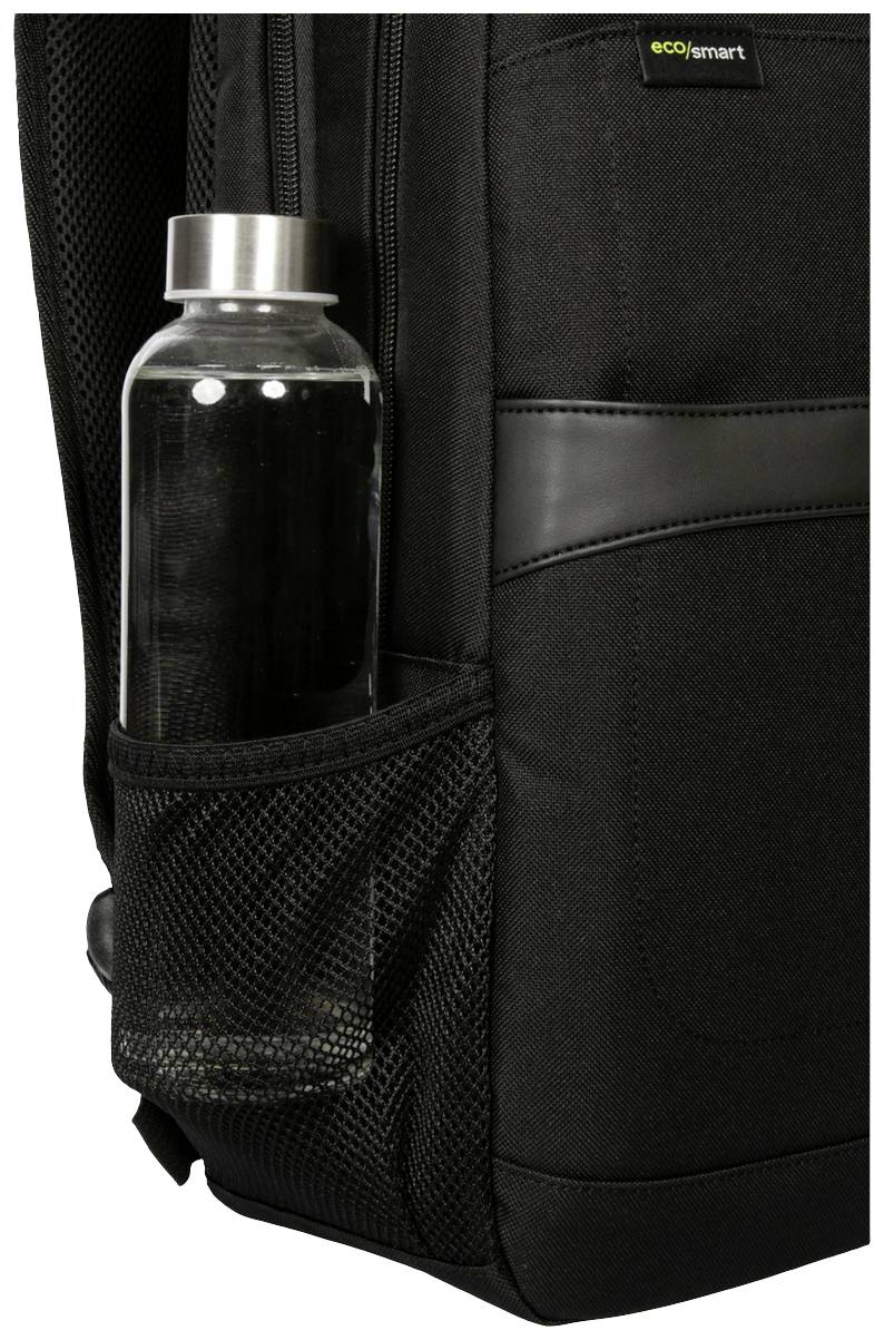 Sac à dos noir avec une poche latérale en filet qui maintient une bouteille d'eau transparente. Un logo 'ecosmart' est apposé sur le dessus du sac à dos.