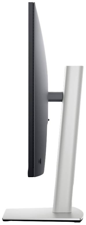 Vue latérale d'un écran d'ordinateur fin posé sur un socle rectangulaire. Le moniteur est noir avec un pied en argent.