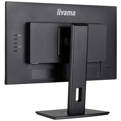 Vue arrière d'un moniteur d'ordinateur noir sur un socle, montrant les commandes sur le côté et le logo de la marque en haut.