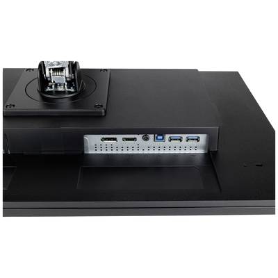 Arrière d'un écran d'ordinateur avec des ports visibles : HDMI, DisplayPort, USB et prise audio.