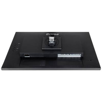 Un moniteur d'ordinateur noir vu de dos, avec des connexions visibles et un bras de montage au centre.