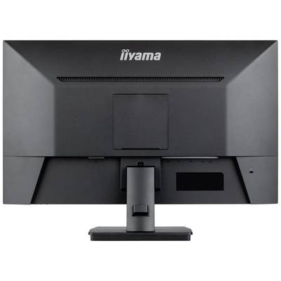 Un moniteur d'ordinateur noir iiyama, vue de dos. Le moniteur est posé sur un socle rectangulaire.