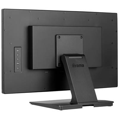 Vue arrière d'un moniteur au design épuré. Montre le support et les ports de connexion. Logo du fabricant visible en bas.