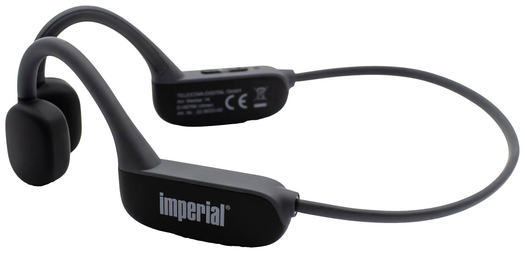 Casque noir avec arceau nuque, marque 'Imperial'. Design sans fil, adapté au sport et aux loisirs.