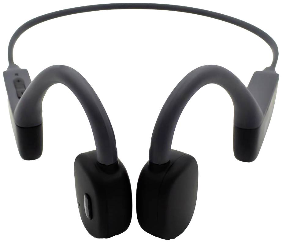 Casque sans fil à conduction osseuse en noir, conçu pour l'écoute via des vibrations au niveau des pommettes.