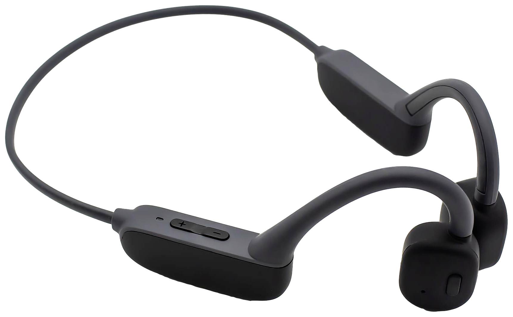 Un casque audio noir sans fil avec arceau de nuque et commandes latérales. Idéal pour le sport et les appels mains libres.