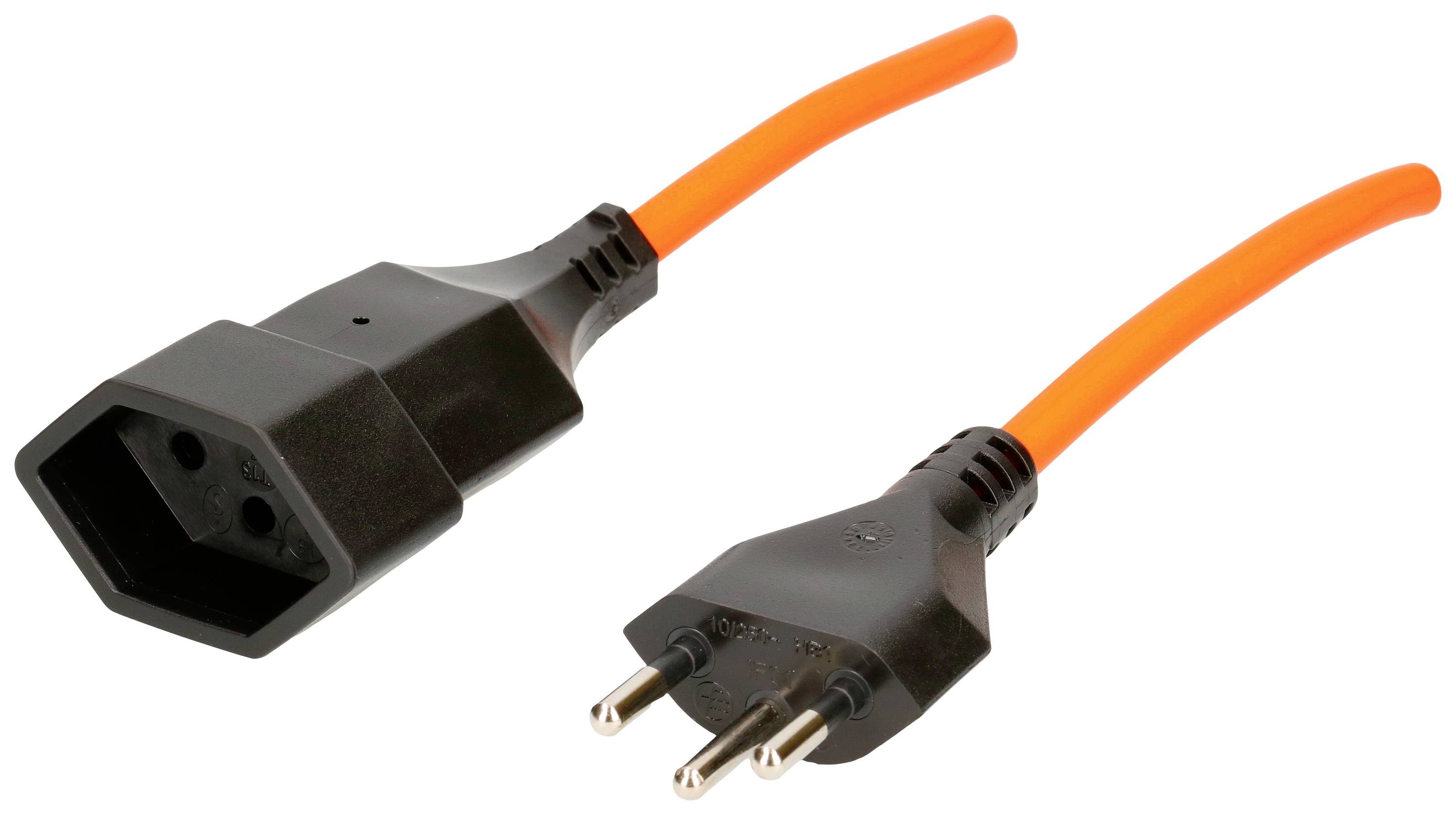 Un câble électrique noir et orange avec une fiche mâle et une fiche femelle, utilisé pour connecter des appareils.