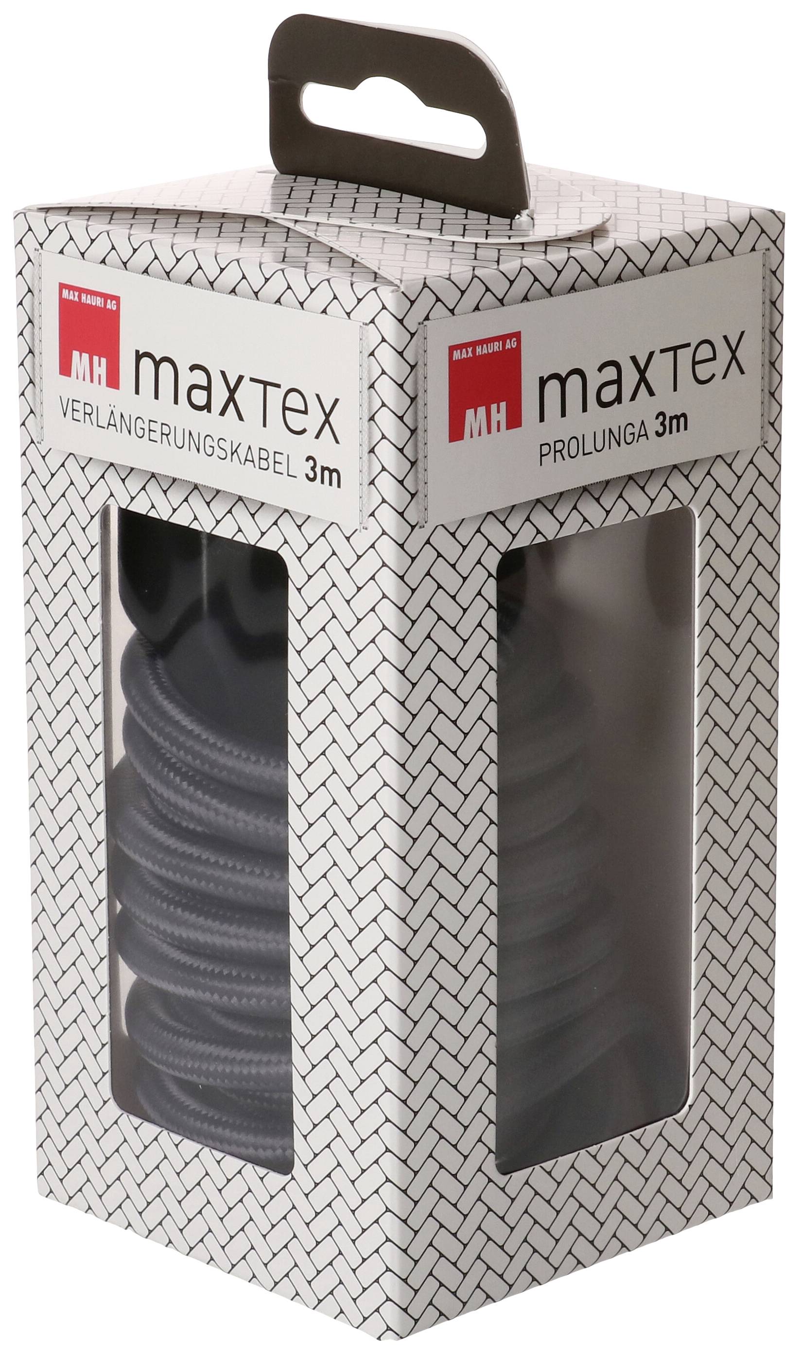 Emballage d'une rallonge maxTex de 3 mètres, avec spirale de câble noir visible, poignée de transport en haut, sur un fond neutre.