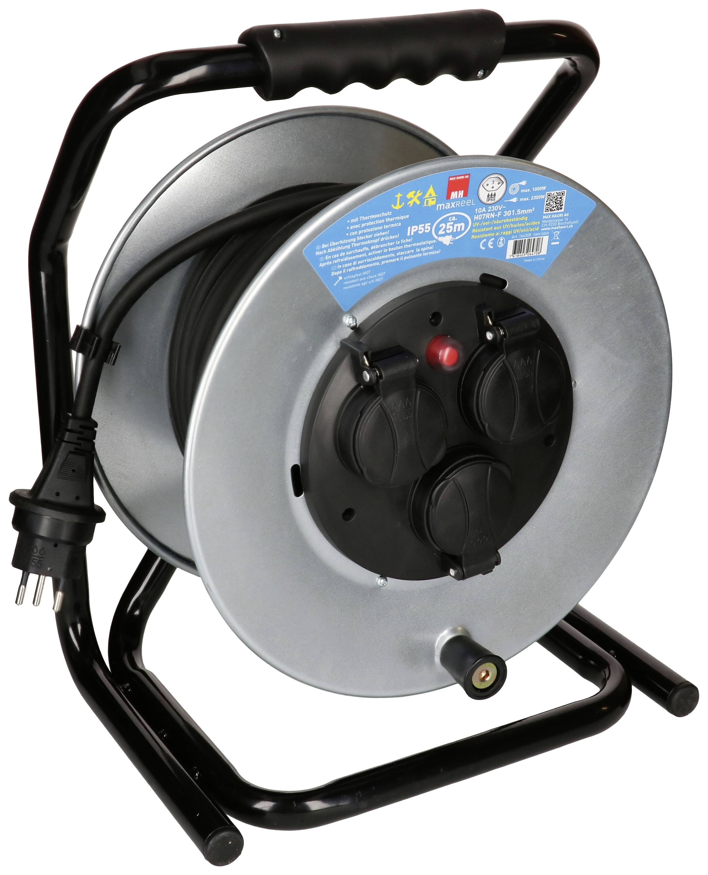 Une bobine de câble argentée avec trois prises électriques, une poignée noire et un câble en représentation stylisée.