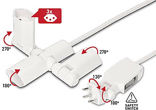 Adaptateur multiprise avec connexion triple et design rotatif. Comprend des angles de rotation de 270°, 180°, 130° et un symbole d'interrupteur de sécurité.