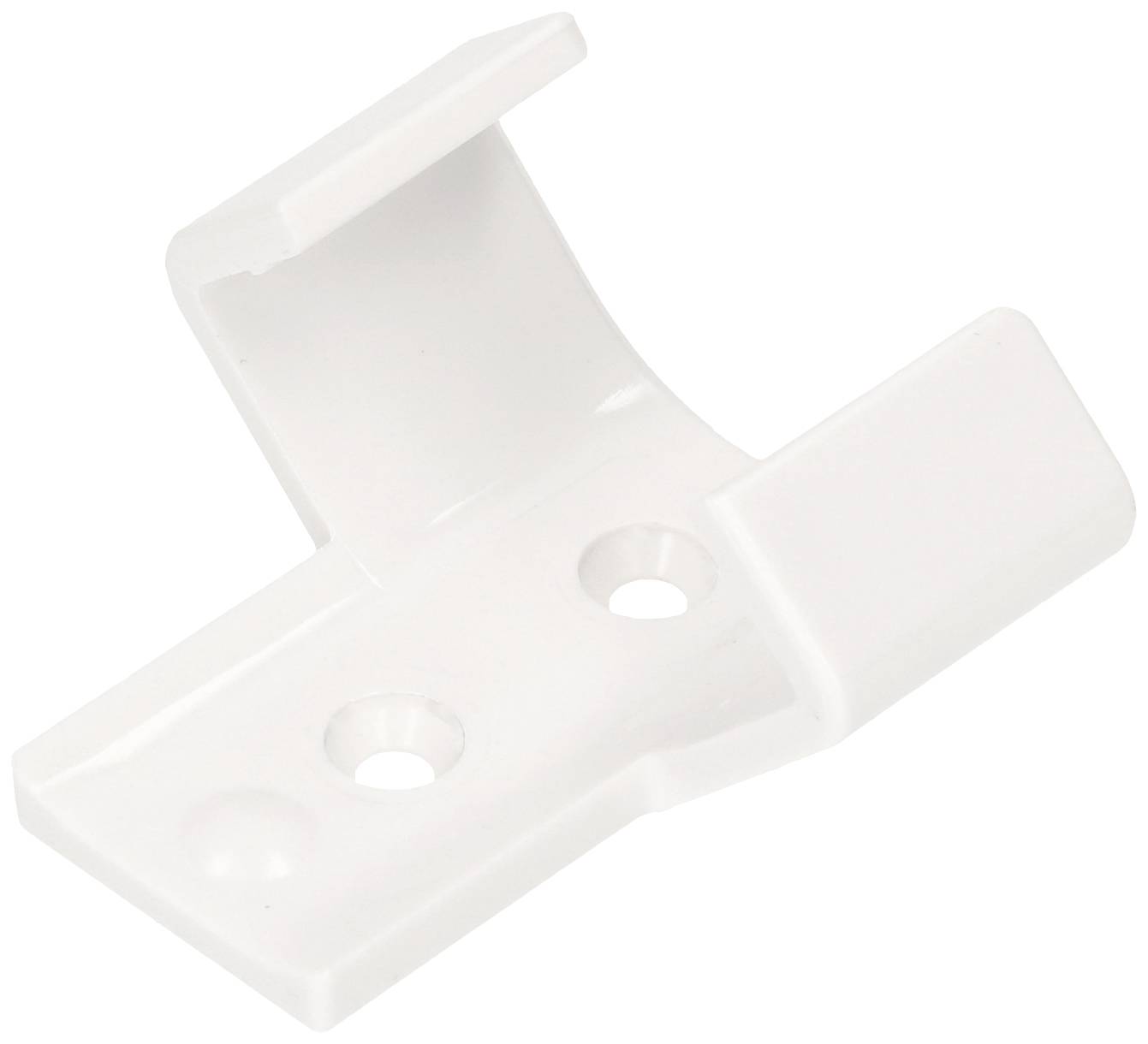 Un équerre blanche en plastique avec deux trous de vis, utilisée pour la fixation murale d'objets. Forme un profil en L pour plus de stabilité.