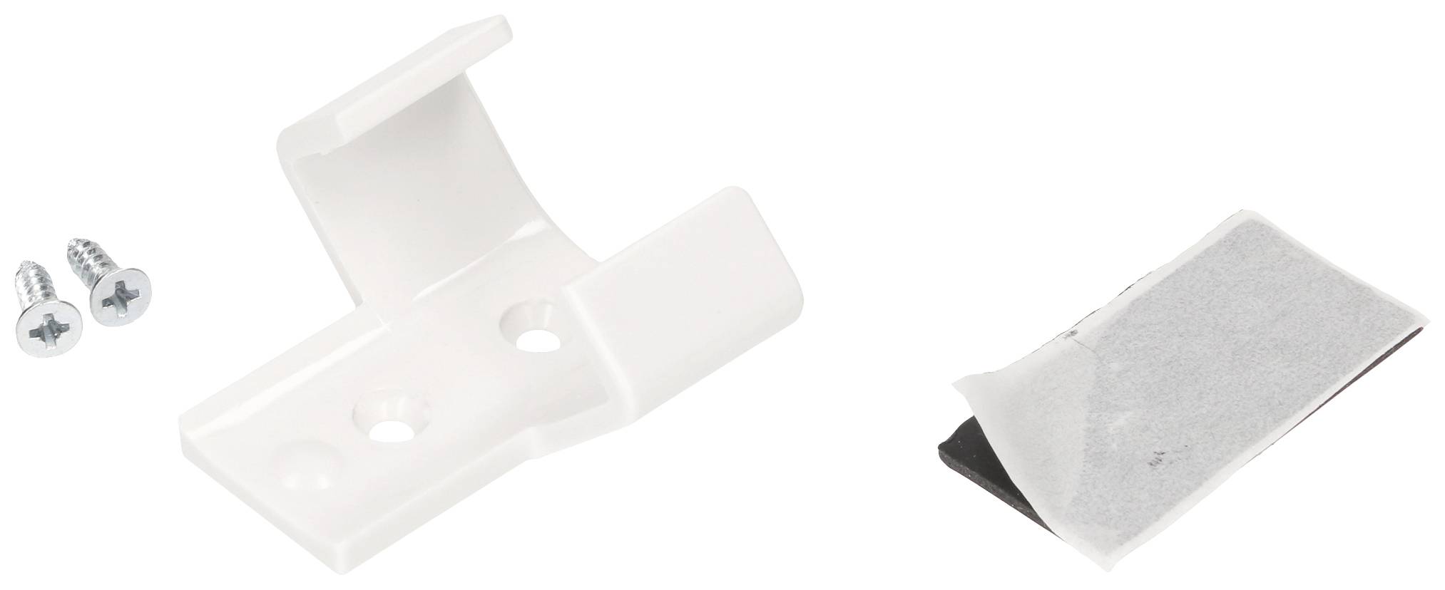 Ensemble de fixation murale blanche comprenant deux vis et une bande adhésive, adapté pour la fixation d'objets légers.