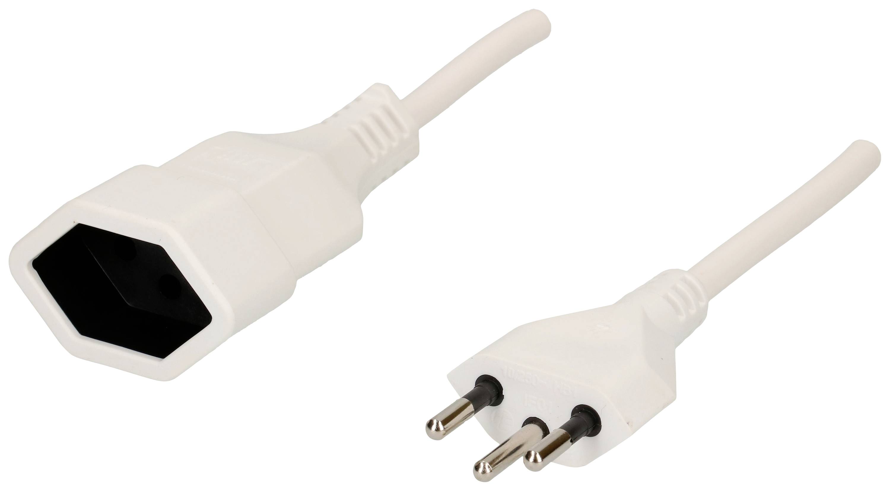 Câble électrique blanc avec une fiche tripolaire à droite et la prise correspondante à gauche.