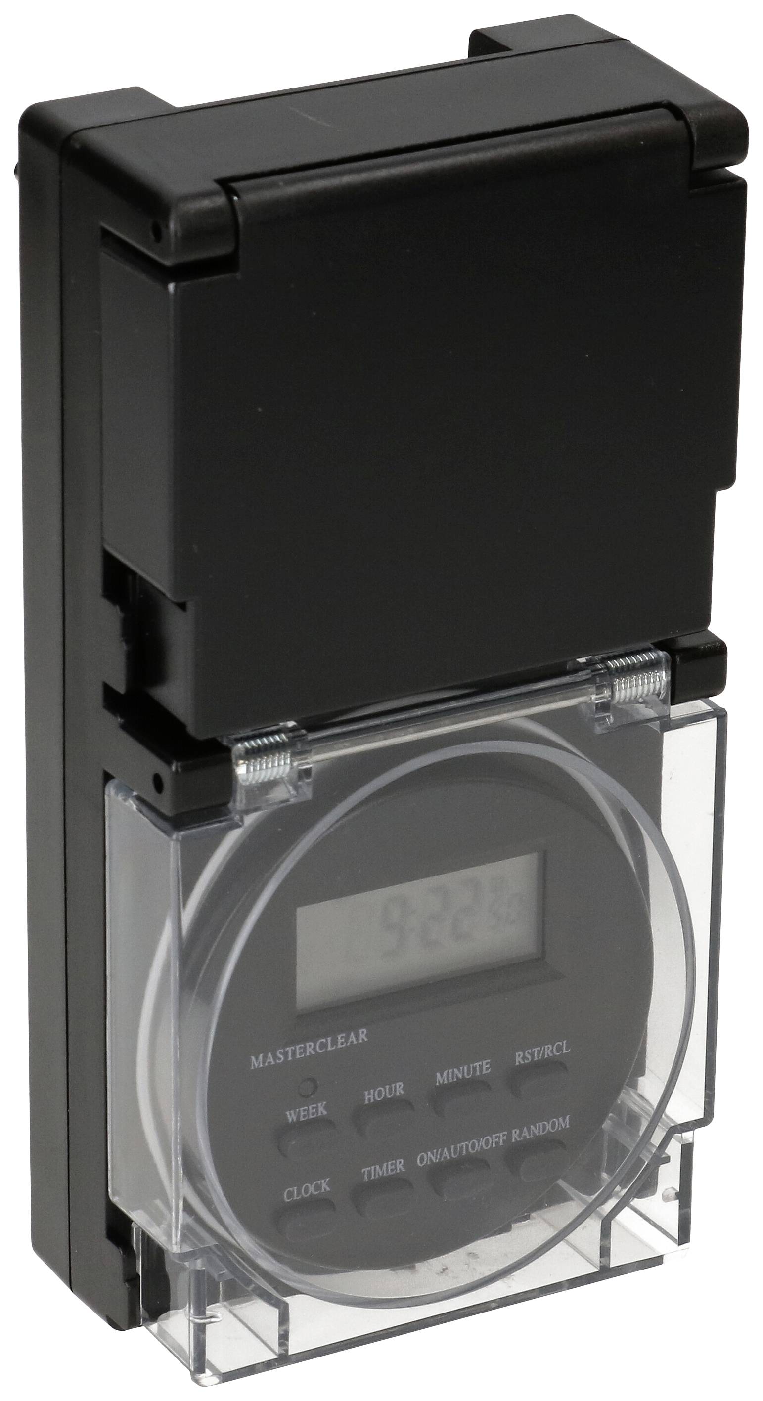 Horloge numérique avec boîtier noir. Un couvercle transparent protège l'écran et les boutons. L'écran affiche l'heure ou les paramètres.