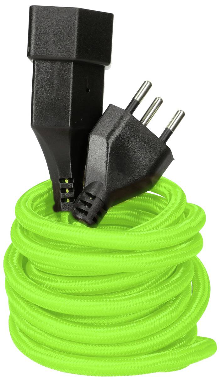 Un câble électrique noir avec une gaine verte fluorescente, équipé d'une fiche tripolaire et d'un coupleur.
