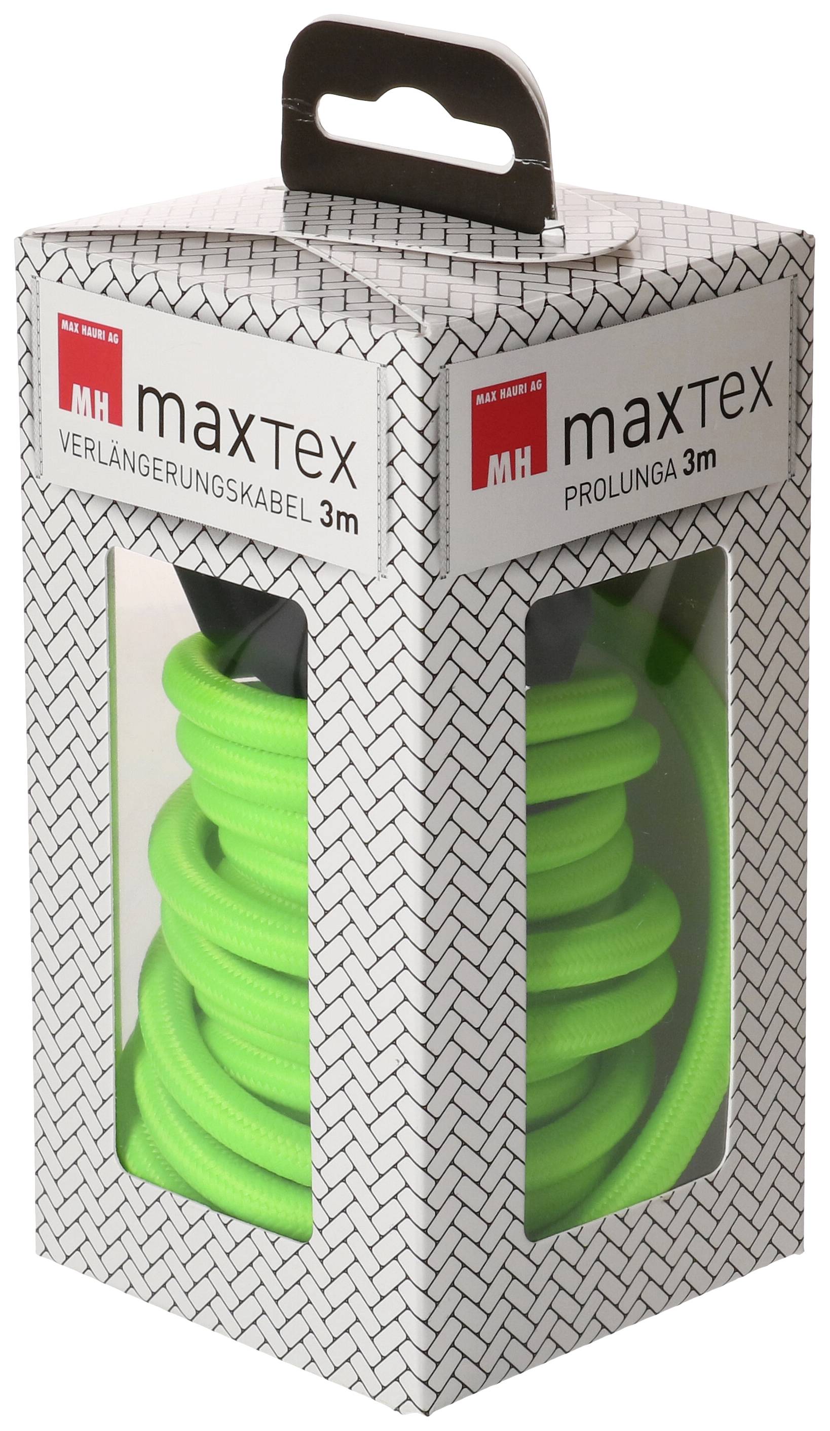 Emballage d'une rallonge verte de 3 mètres de la marque 'maxTex'.