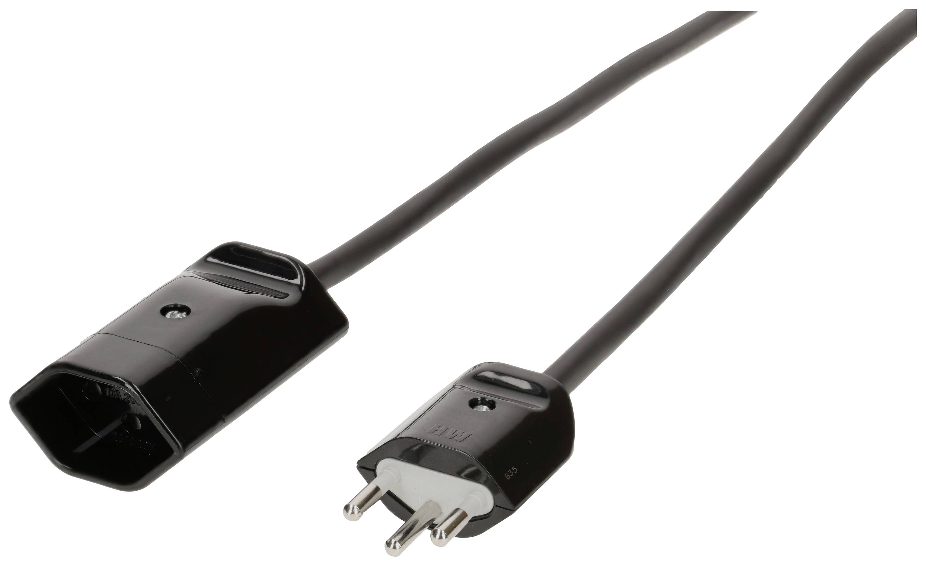 Câble réseau noir avec une fiche Schuko mâle et une fiche IEC femelle, pour la connexion électrique des appareils électroniques.