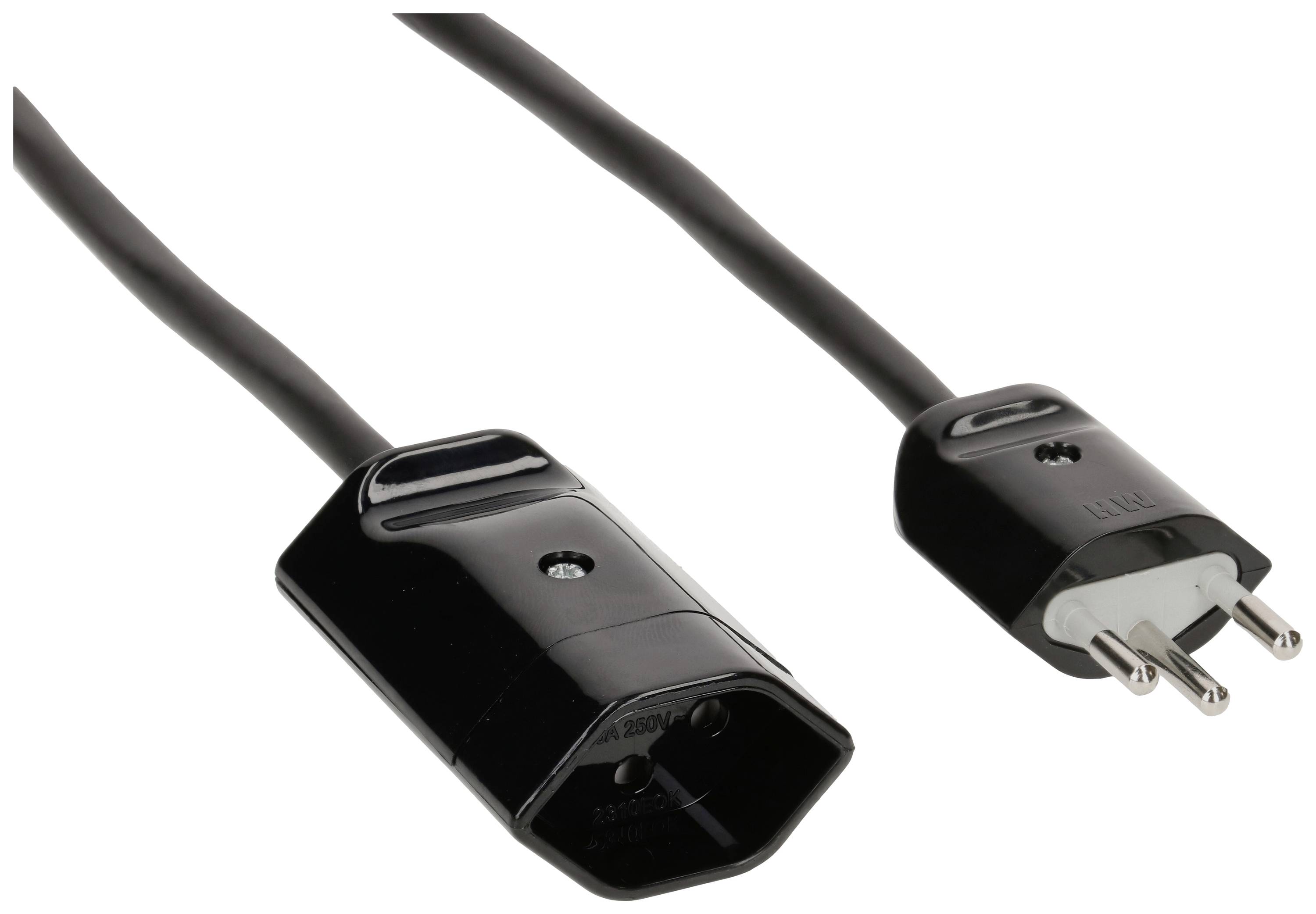 Câble réseau noir avec deux connexions : une fiche européenne et une prise C13. Couramment utilisé pour les appareils électroniques.