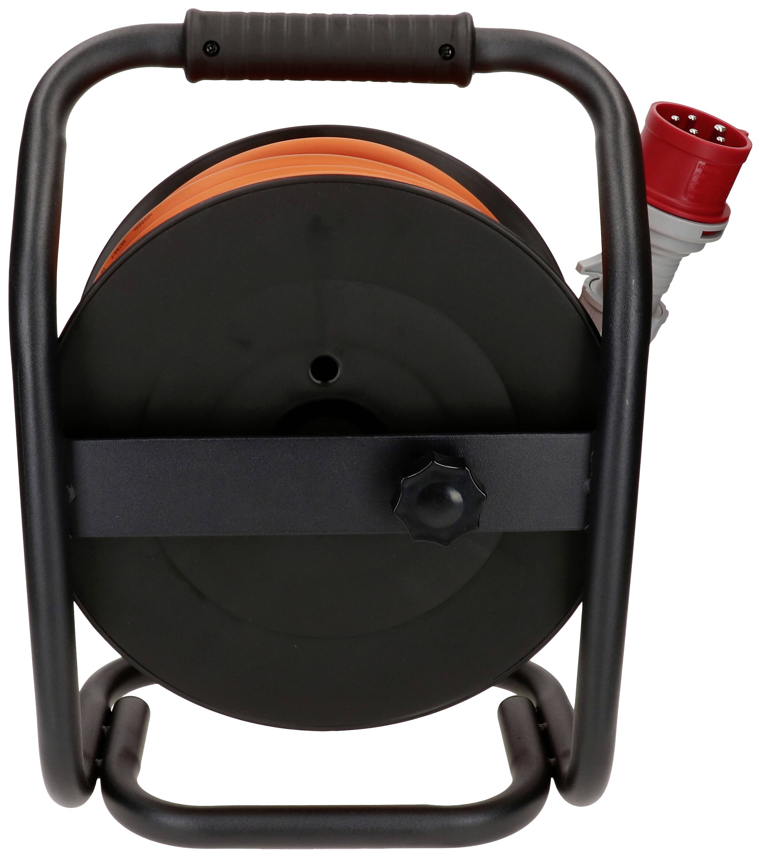 Tambour de câble noir avec fiche rouge et câble orange, adapté pour une utilisation extérieure et diverses applications électroniques.