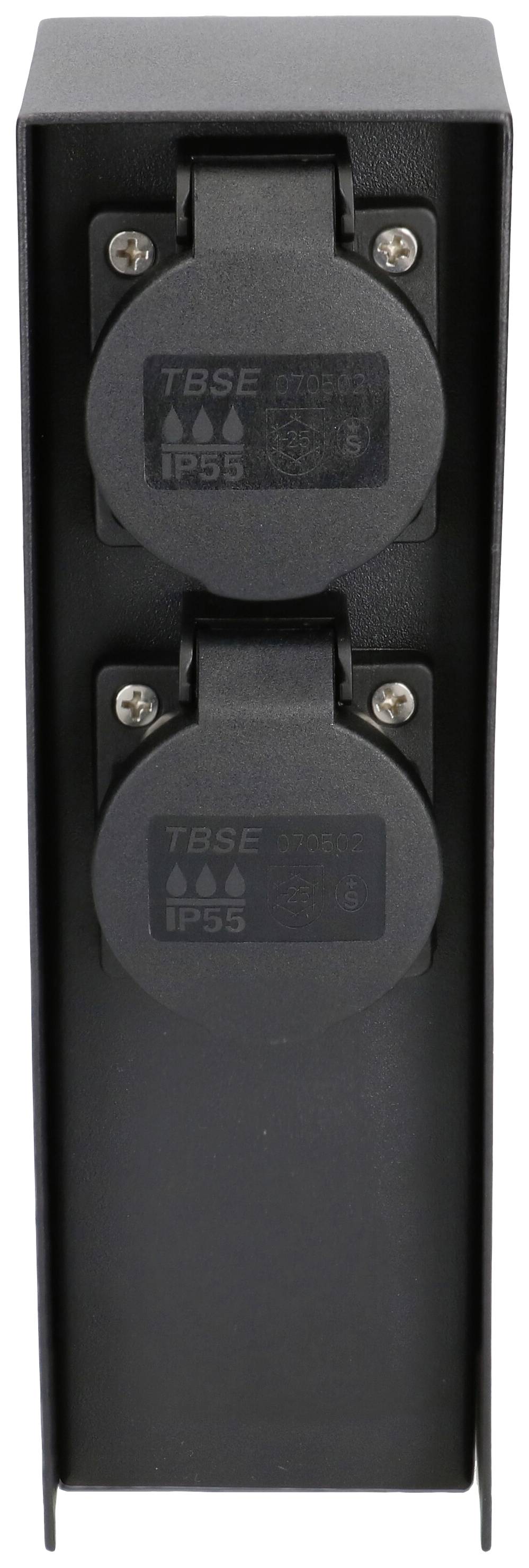Prise double avec couvercle de protection, noir, adaptée pour l'extérieur, indice de protection IP55.