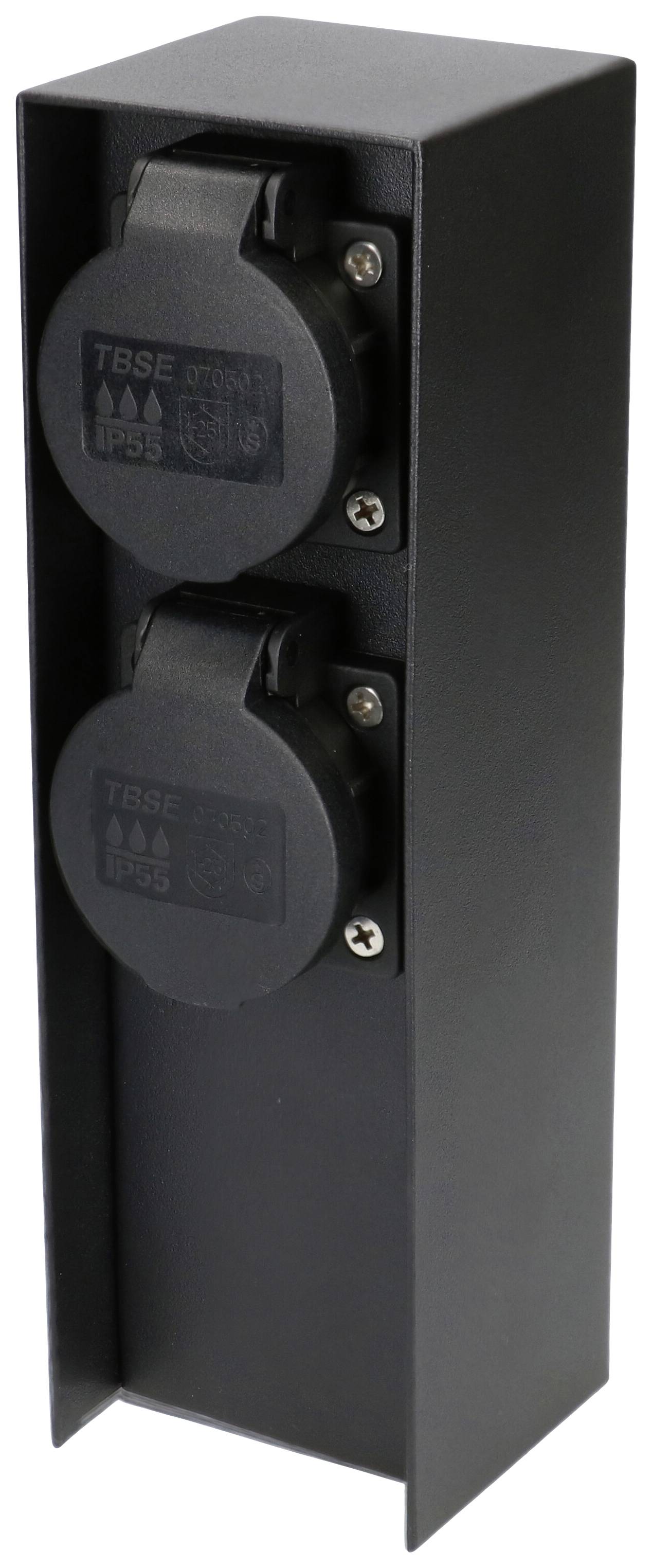 Deux prises électriques noires superposées dans un boîtier rectangulaire, adaptées à une utilisation extérieure.