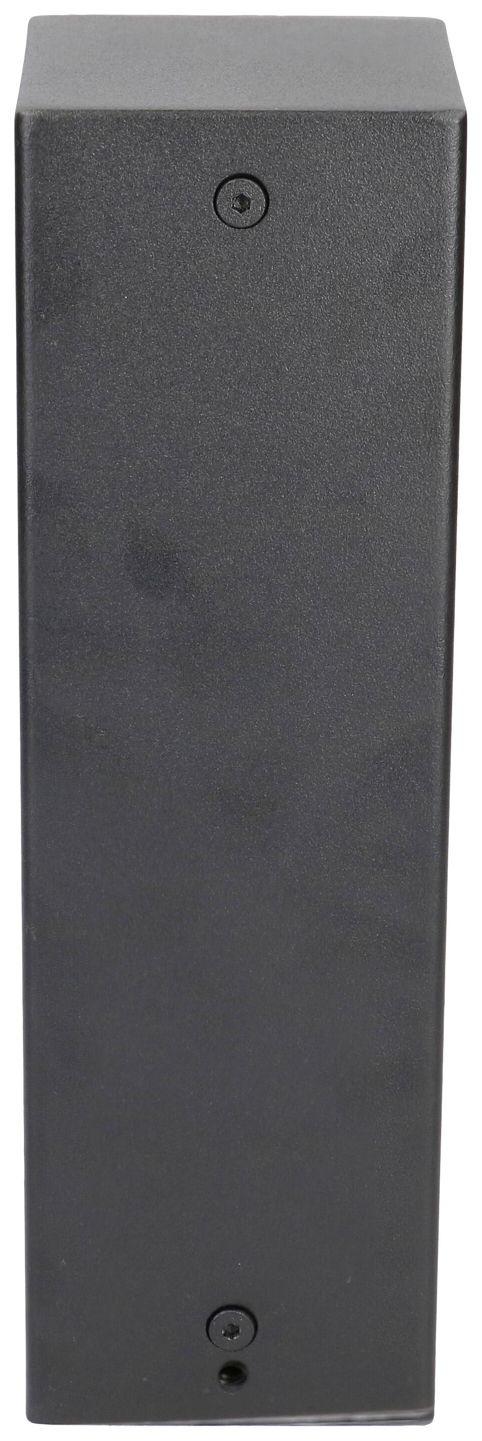 Haut-parleur rectangulaire noir à surface lisse avec deux vis visibles sur la façade.
