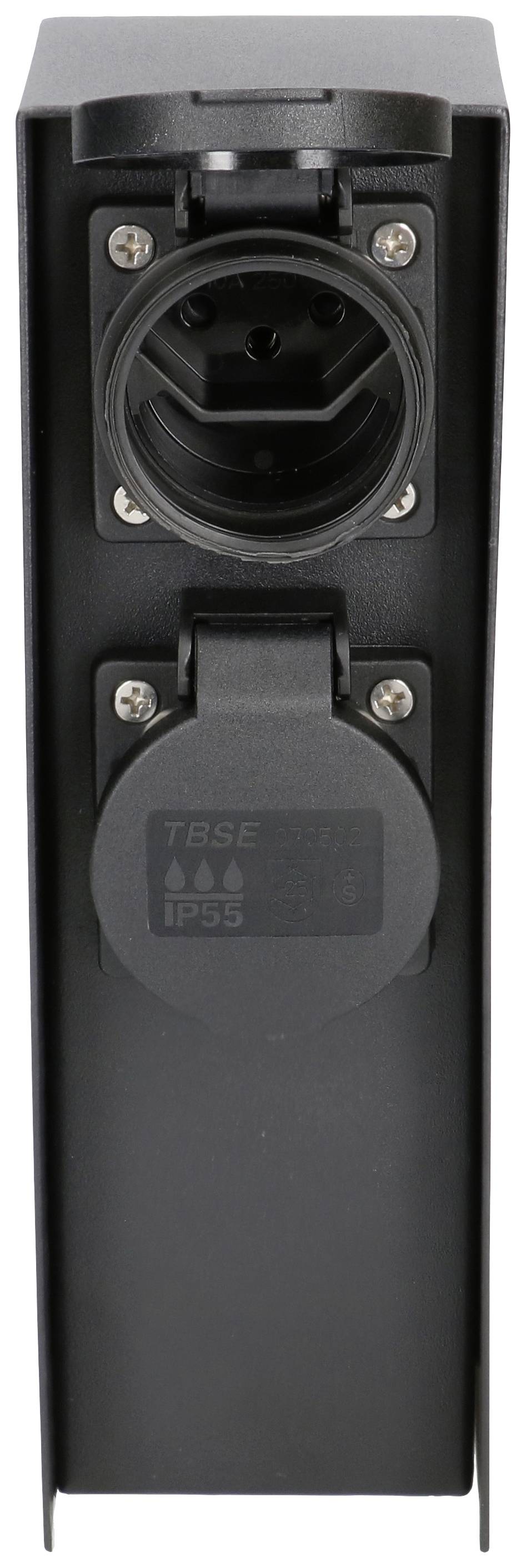 Un connecteur électrique noir avec une prise de courant couverte et l'étiquette 'IP55'. Adapté pour une utilisation en extérieur.