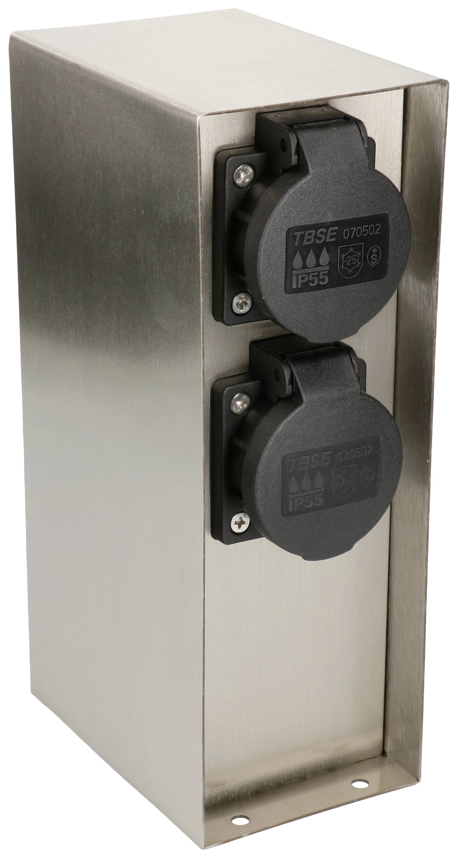 Une prise rectangulaire en métal avec deux couvercles ronds noirs superposés. Adaptée pour une utilisation en extérieur (IP55).