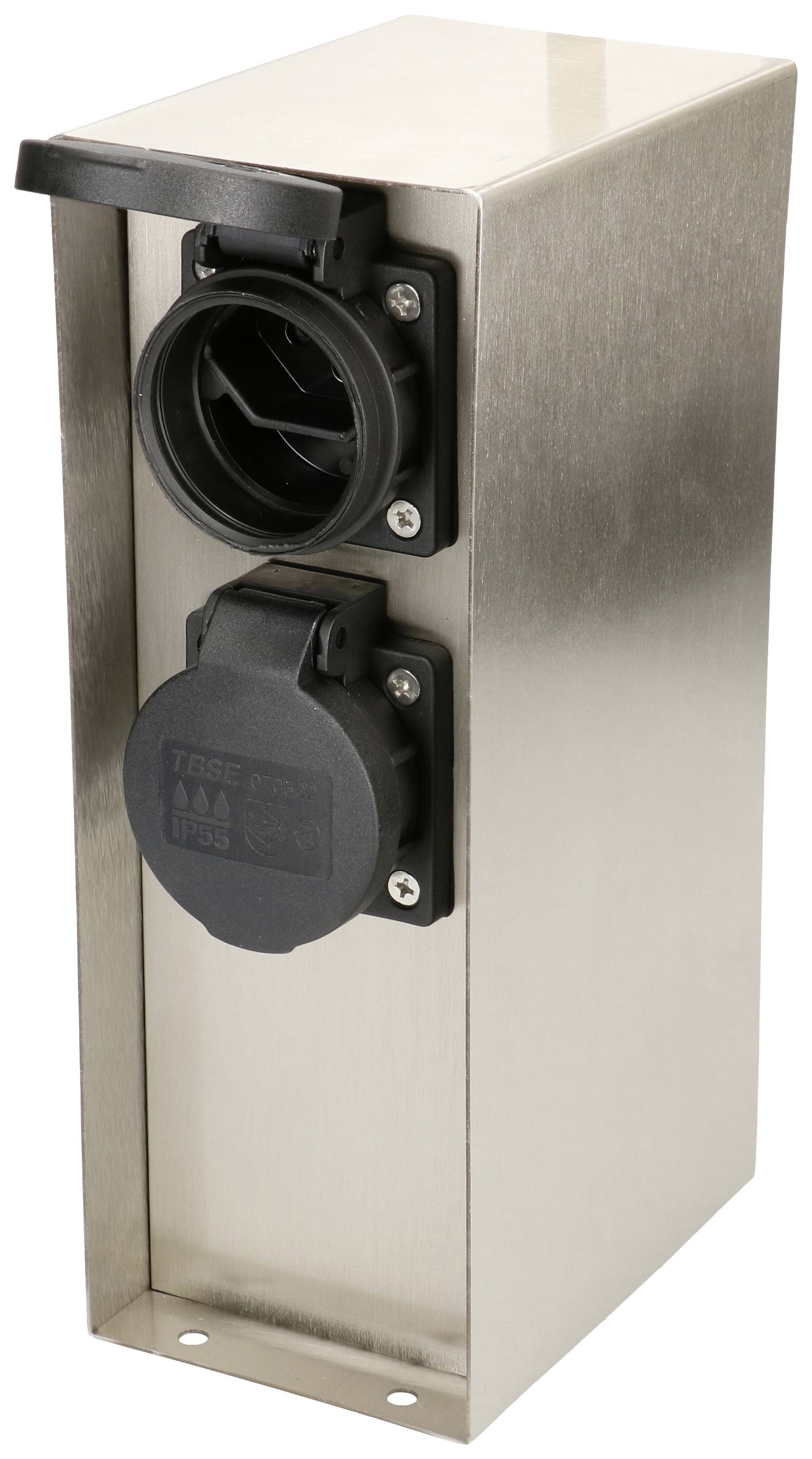 Colonne en métal avec deux prises électriques, une en haut et une en bas. Boîtier en acier inoxydable, adaptée à une utilisation en extérieur.