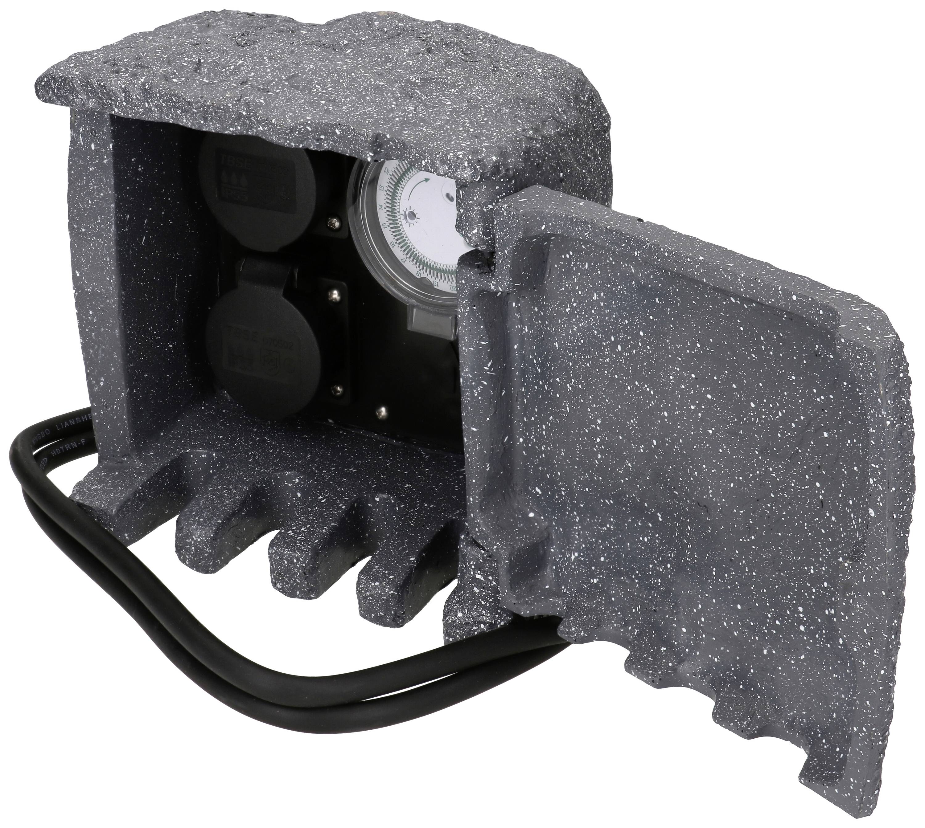 Un boîtier en plastique gris ouvert avec des prises électriques et un minuteur, adapté pour une utilisation extérieure.