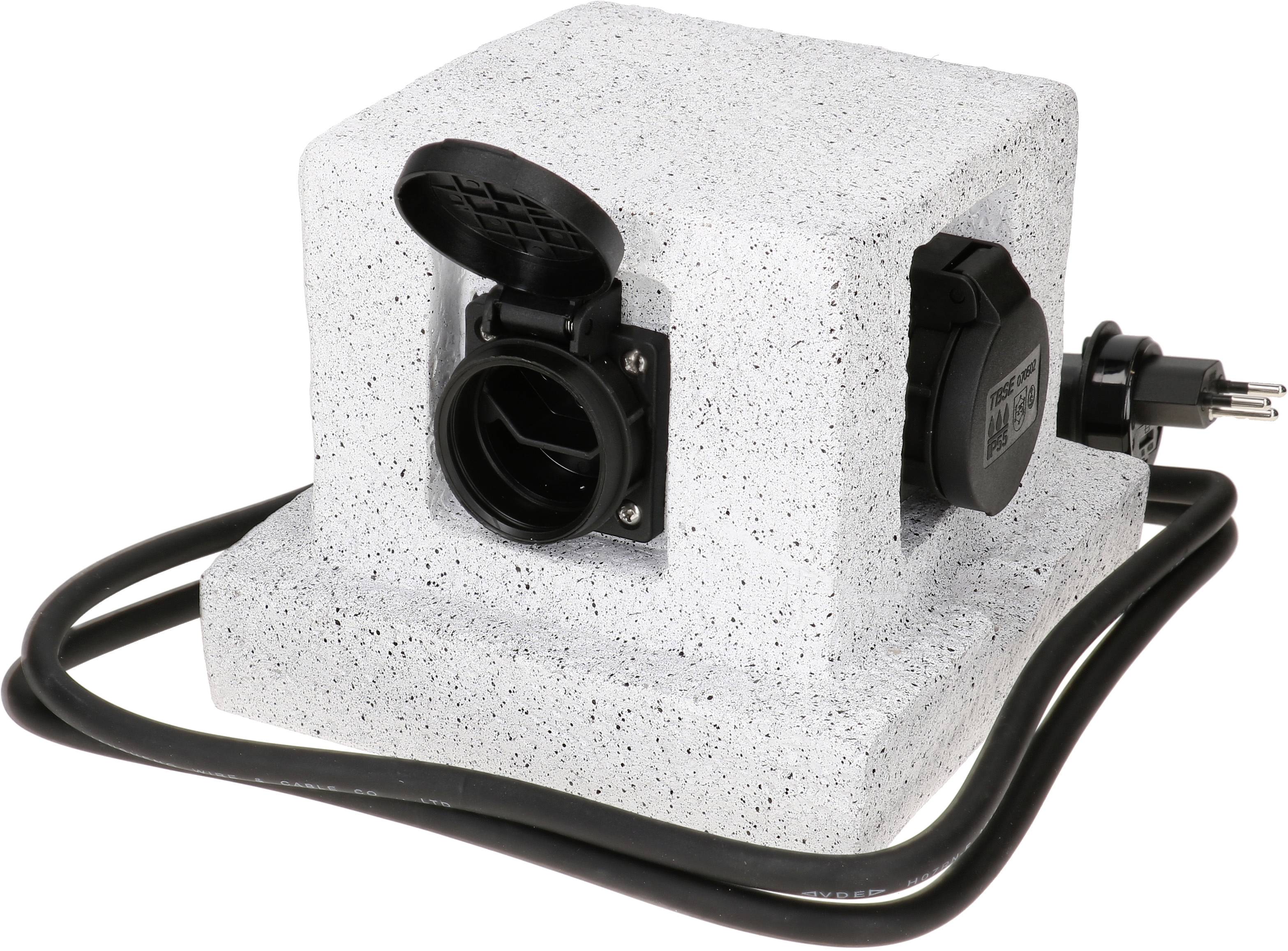 Boîte de prise électrique extérieure grise résistante aux intempéries avec couvercle amovible et câble d'alimentation, adaptée à une utilisation en extérieur.