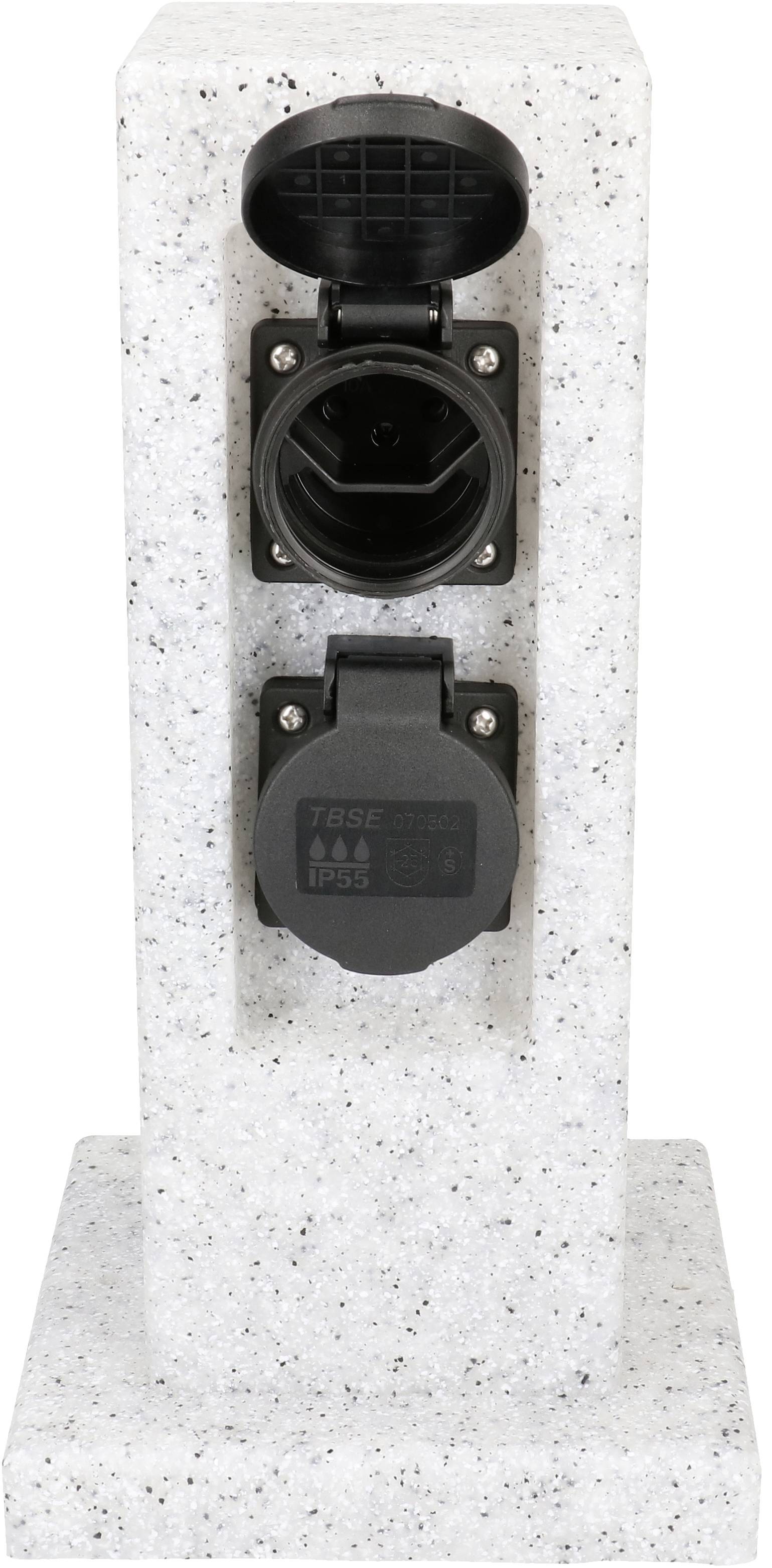 Colonne de prise électrique extérieure blanche rectangulaire avec deux couvercles de prises fermés, adaptée pour le jardin ou la terrasse.