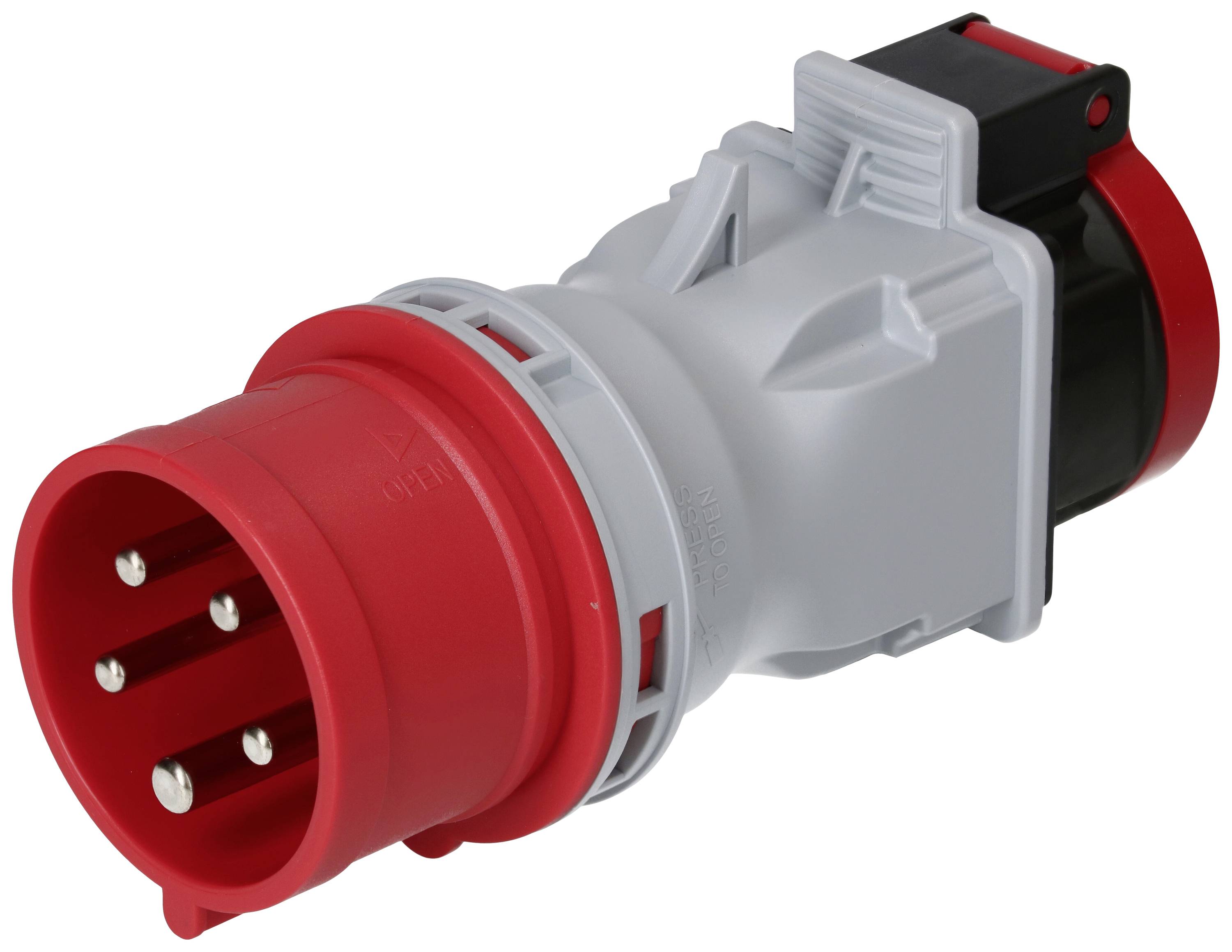 Connecteur industriel gris-rouge à cinq broches métalliques, adapté aux applications à haute intensité et aux utilisations robustes dans des environnements industriels.