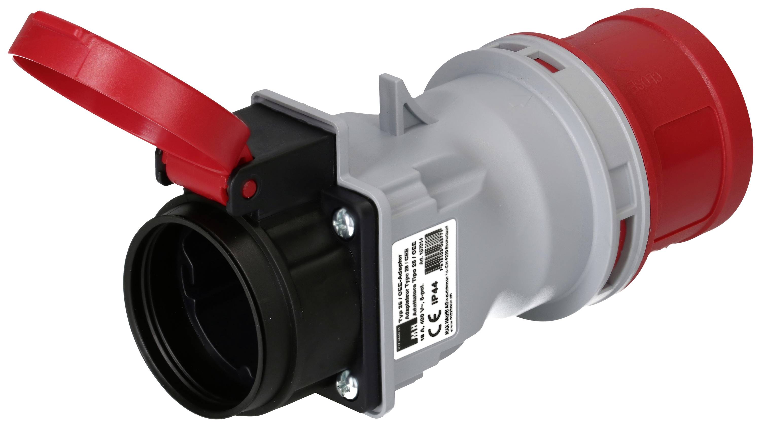 Prise industrielle CEE rouge et grise avec couvercle rabattable rouge, adaptée à l'utilisation dans les installations électriques.