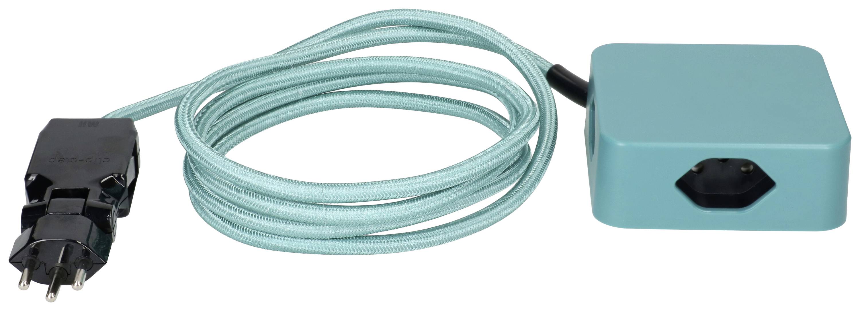 Un adaptateur bleu rectangulaire avec un long câble turquoise et une fiche noire, adapté pour se connecter à des sources d'alimentation.