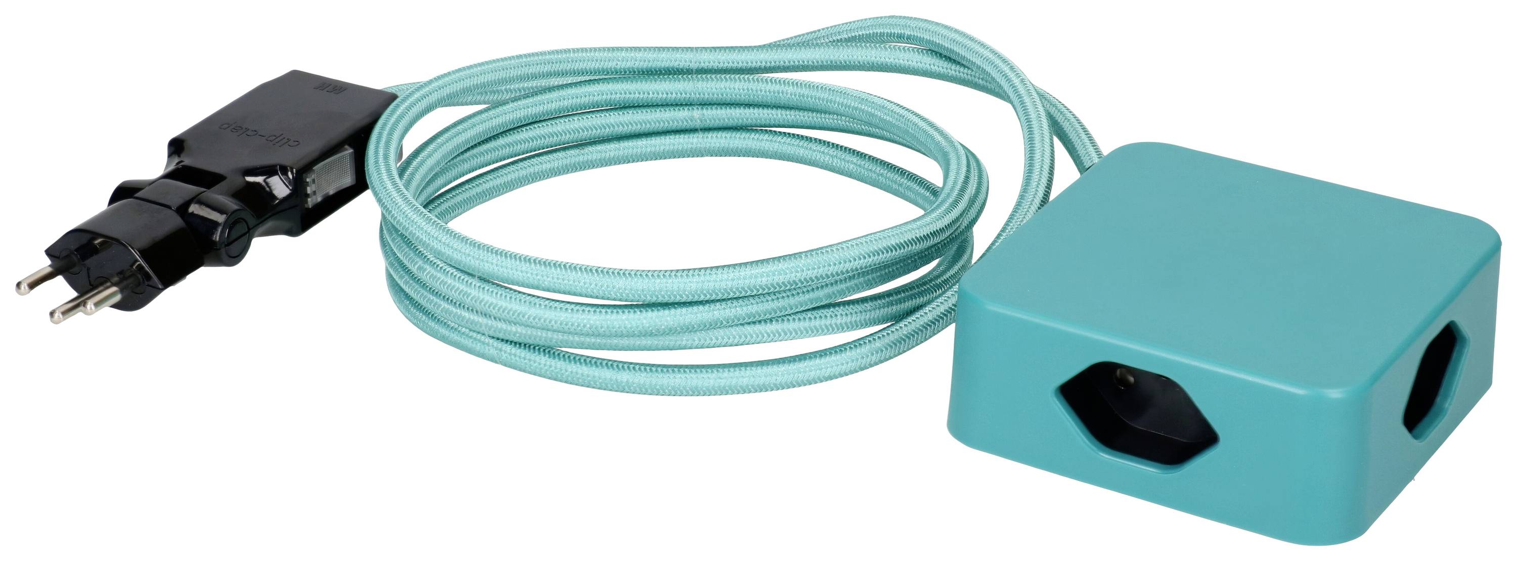 Un adaptateur turquoise avec un long câble et une prise, adapté à l'alimentation électrique de divers appareils.