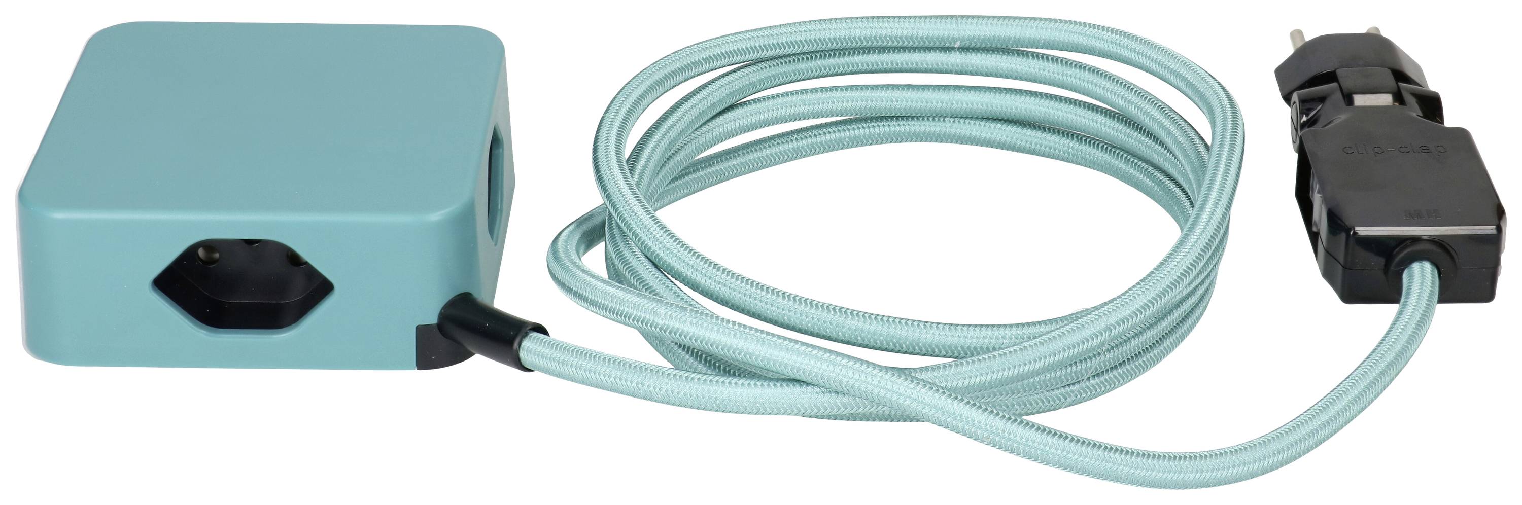 Un câble de rallonge turquoise avec une multiprise et une fiche noire, adapté pour une utilisation intérieure.