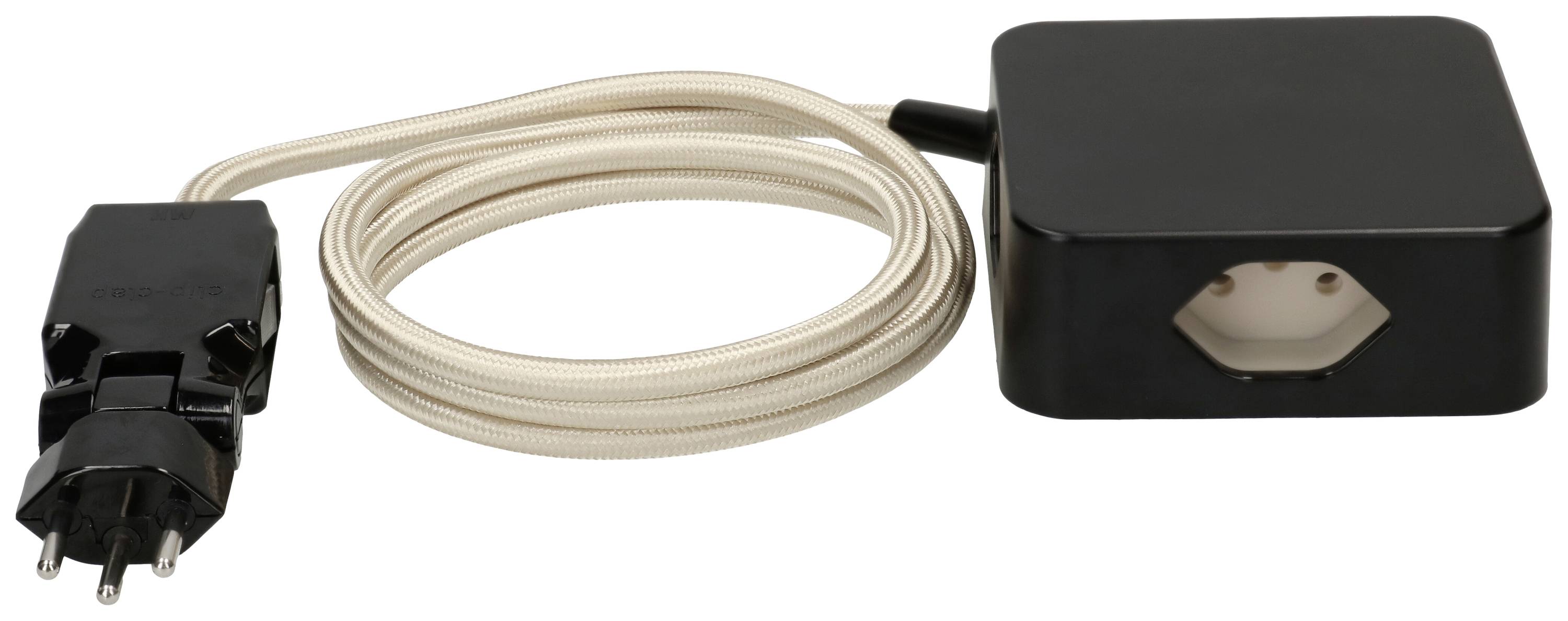 Rallonge électrique noire avec fiche européenne, gaine beige-blanche. Convient pour une utilisation en intérieur.