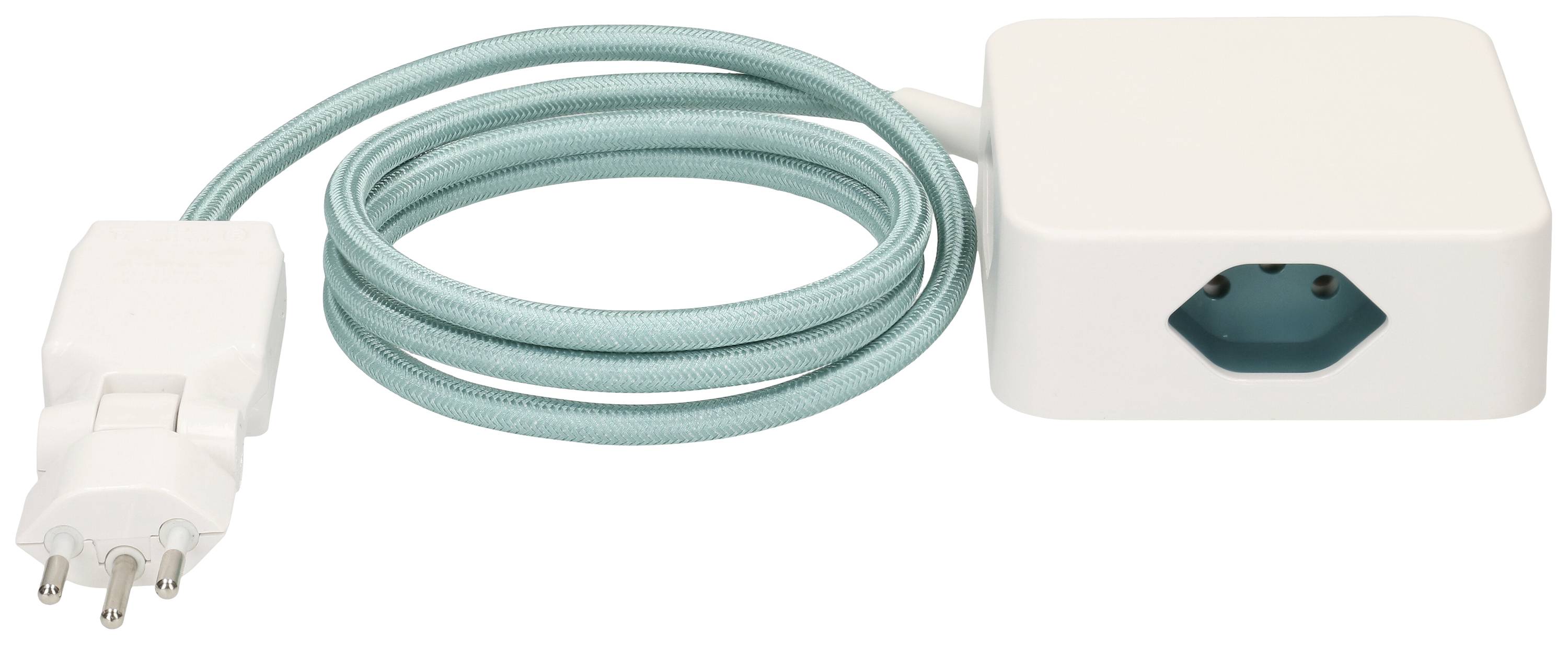 Câble de rallonge électrique blanc, gainé de tissu turquoise, fiche et prise européennes visibles.