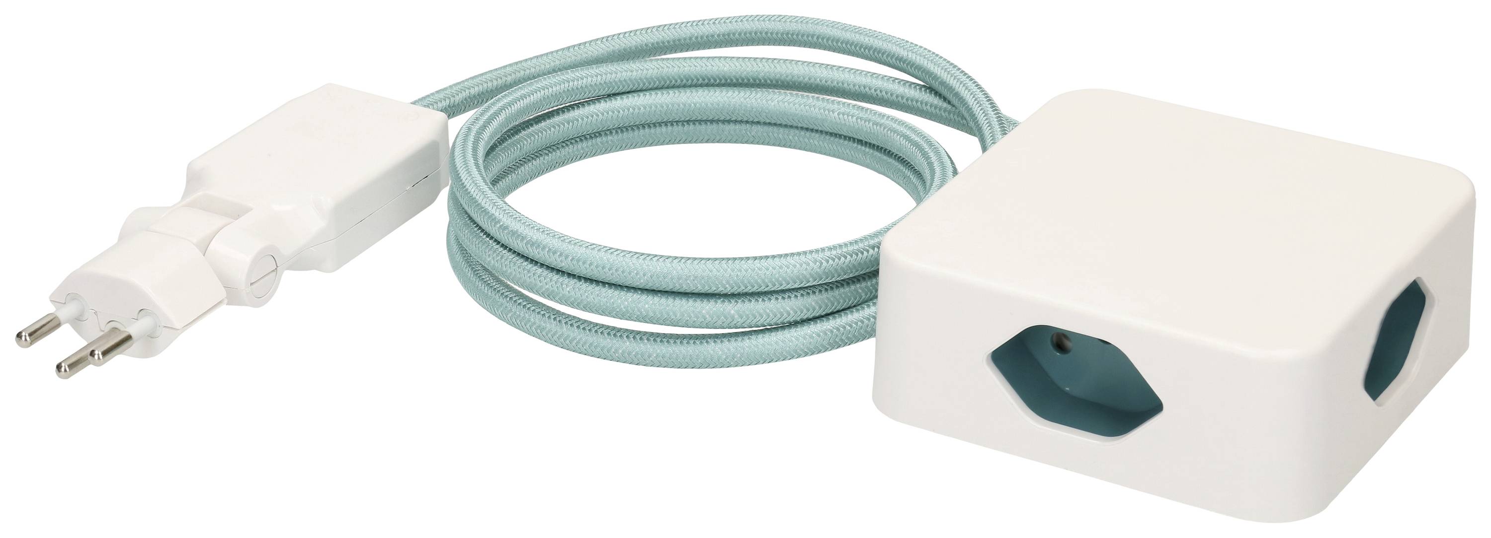 Barrette multiprise blanche avec un câble bleu et deux emplacements, raccordée à une fiche blanche. Fonctionnalité au premier plan.