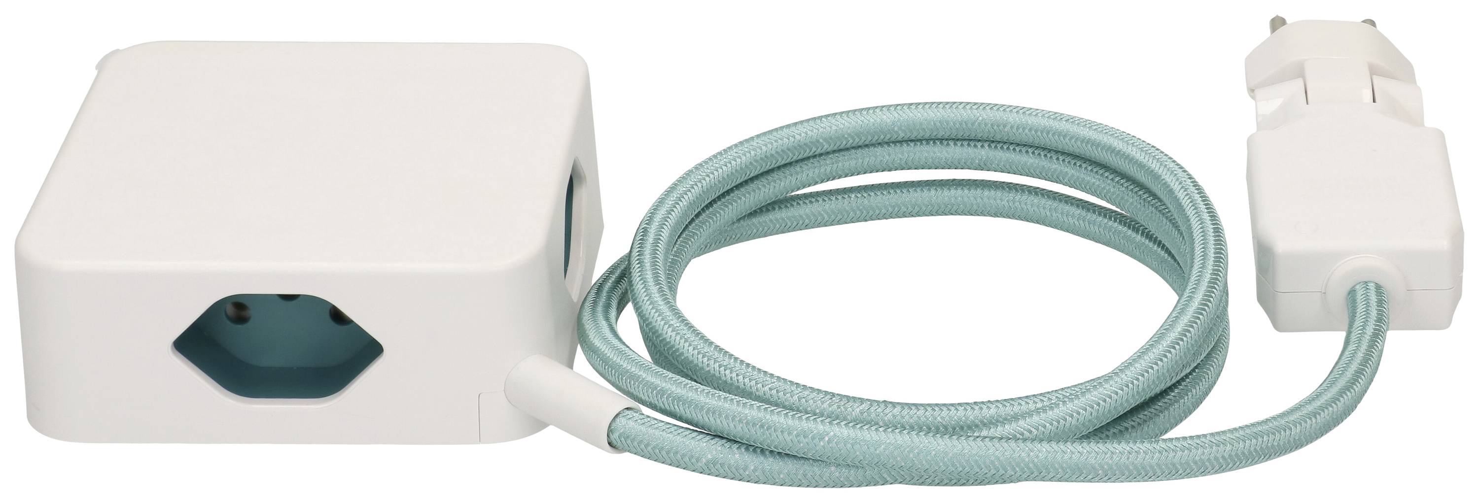 Un adaptateur blanc avec un câble turquoise et une fiche européenne, adapté pour les connexions électriques.