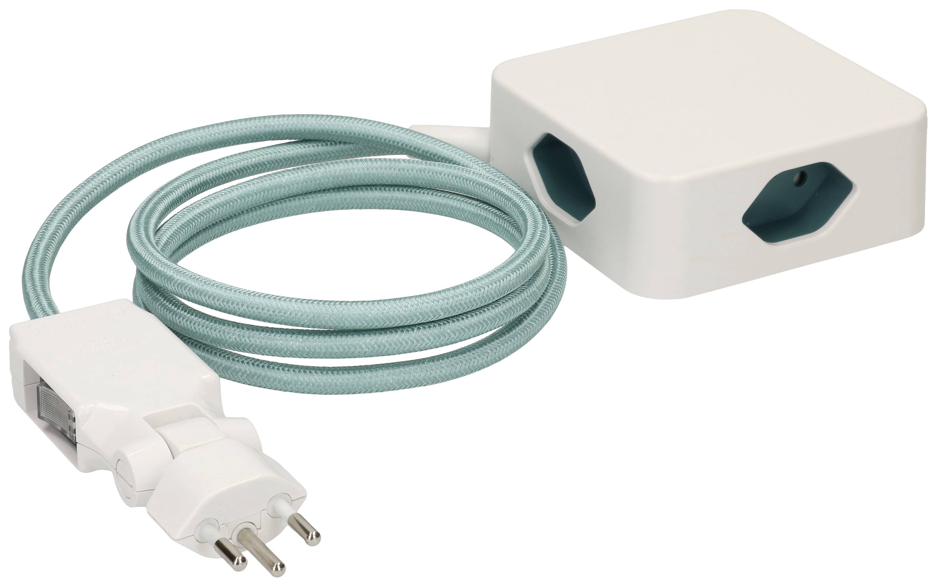 Un répartiteur blanc avec deux prises électriques et un câble turquoise est équipé d'une fiche Euro.