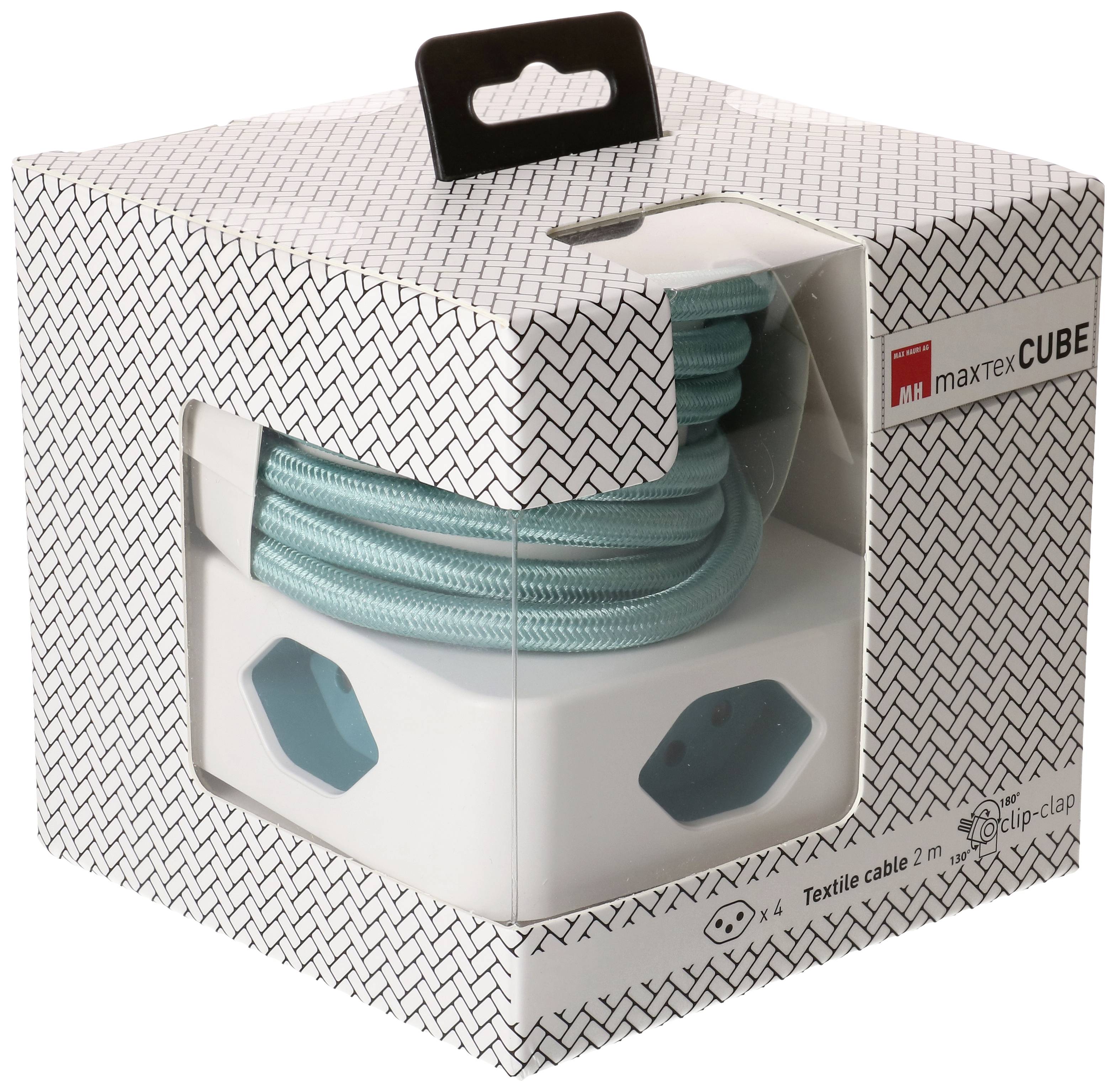 Bloc multiprise blanc emballé avec quatre emplacements bleus et un câble textile turquoise de deux mètres de long.