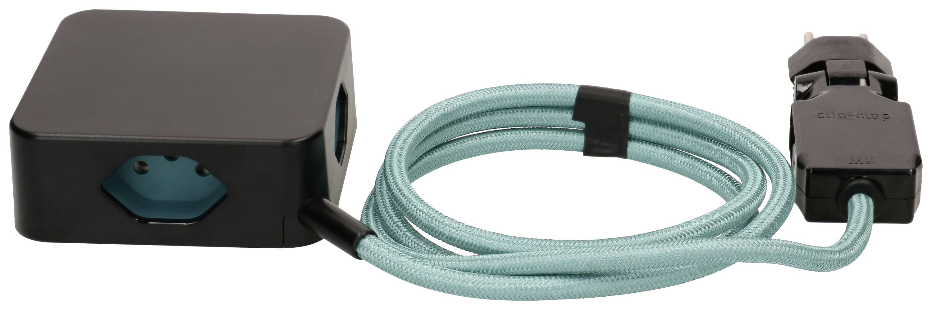 Bloc multiprises noir avec câble turquoise. Le câble est enroulé et se termine par une fiche Schuko.