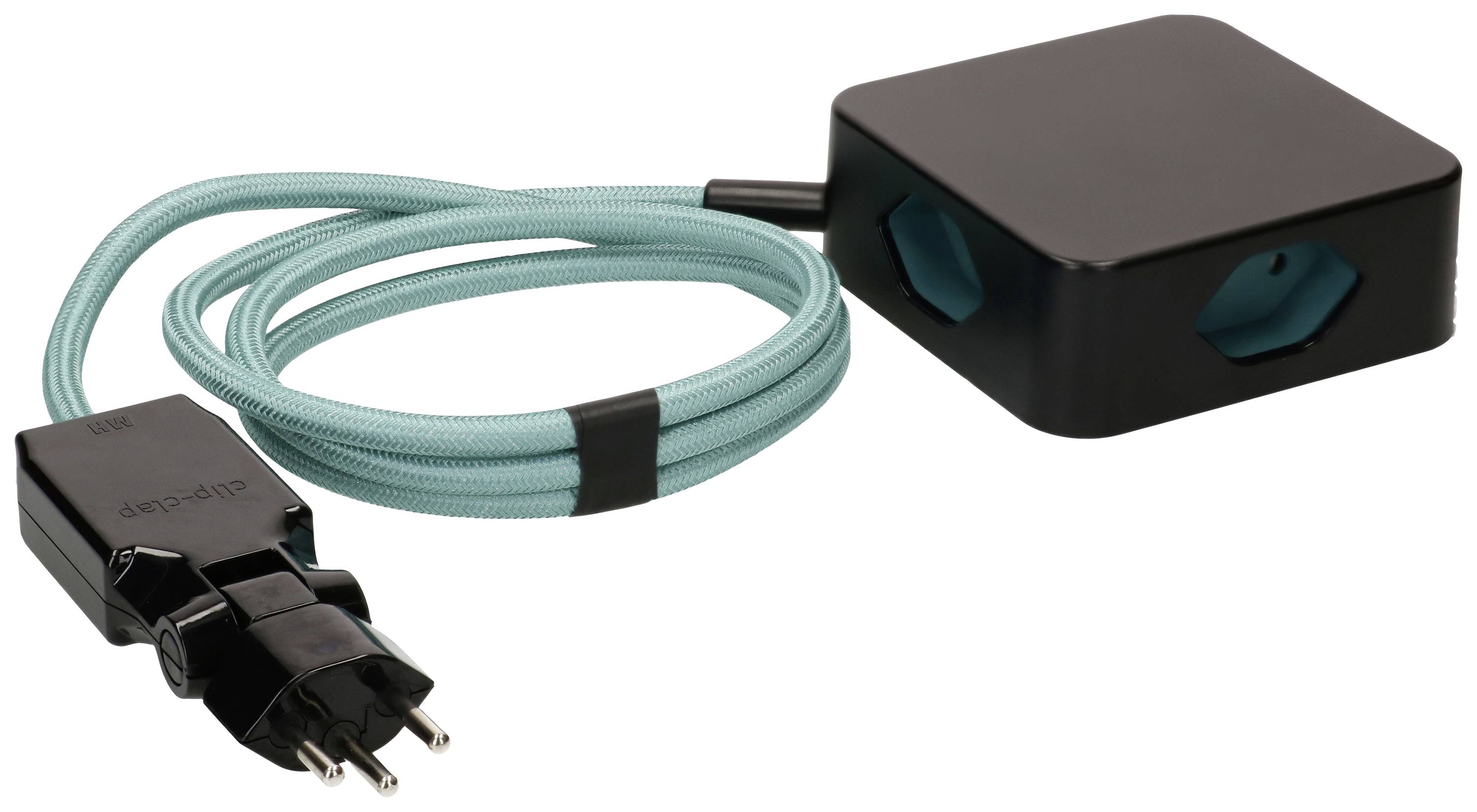 Bloc multiprises noir avec deux emplacements, câble textile turquoise et fiche européenne, adapté pour le branchement d'appareils électriques.