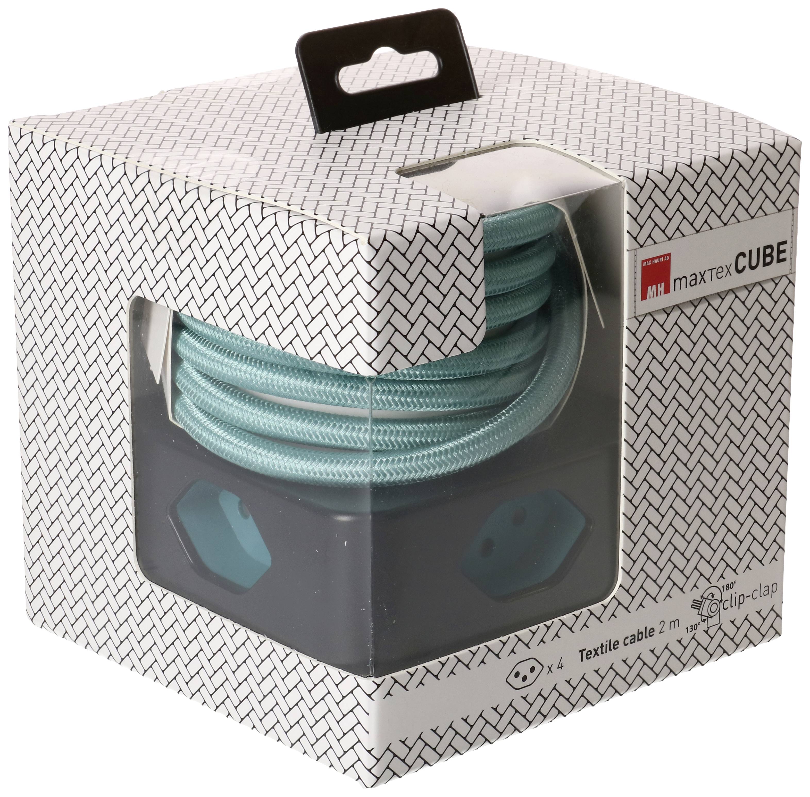 Emballage du produit d'un câble textile bleu de 2 m de long de la marque 'maxtexCUBE'. L'emballage présente un motif géométrique blanc et gris.