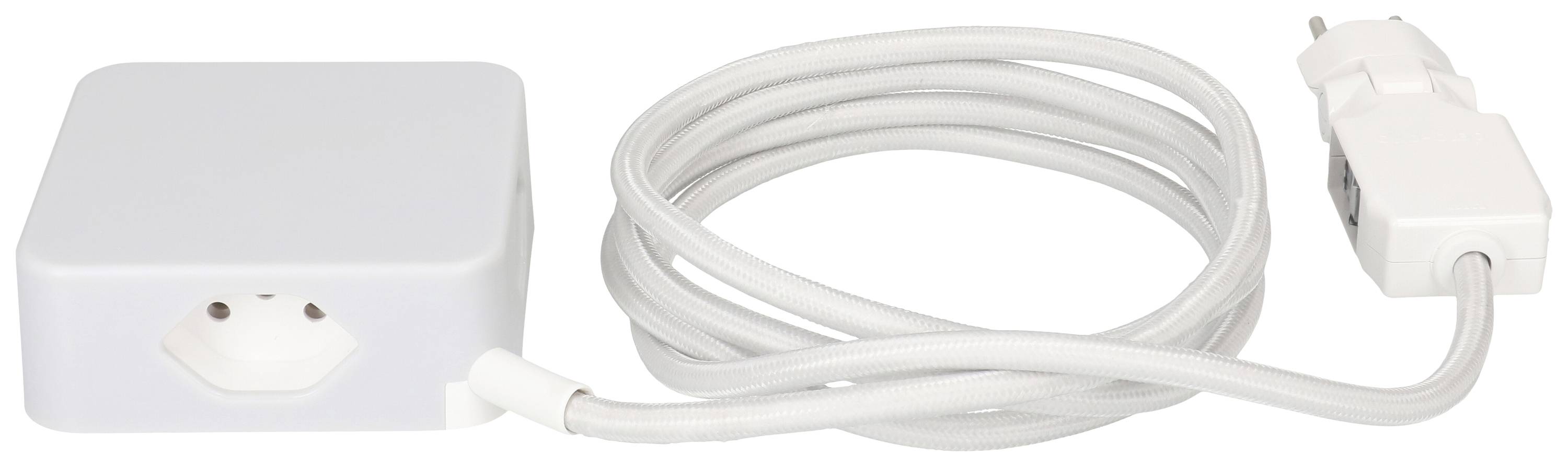 Bloc d'alimentation blanc avec câble long et fiche.