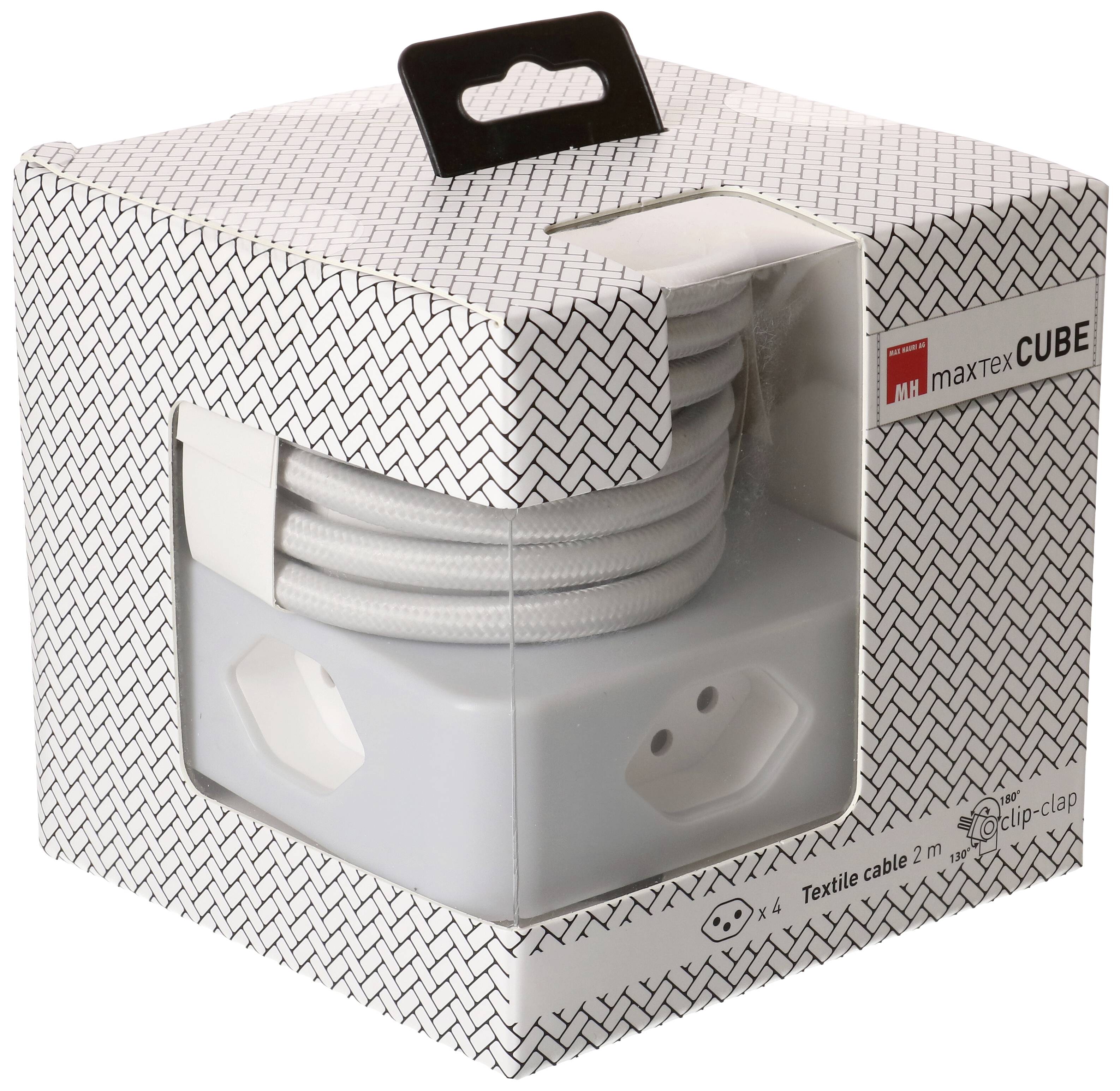 Multiprise en forme de cube, emballée dans une boîte. Contient 4 emplacements et un câble textile de 2 m. Marque 'maxtexCUBE'.